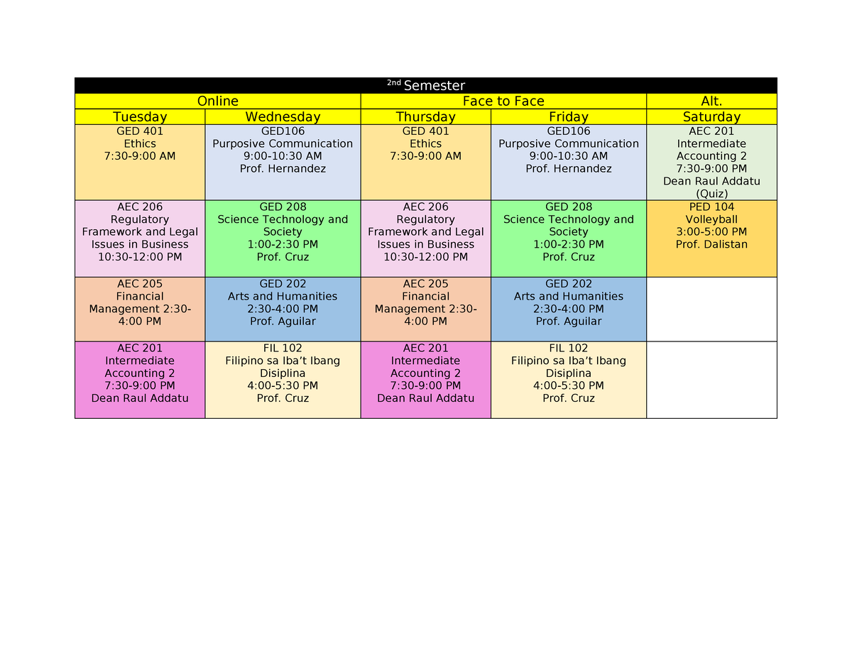 1s T Semester 2022-2023 Class Schedule - 2nd Semester Online Face to ...