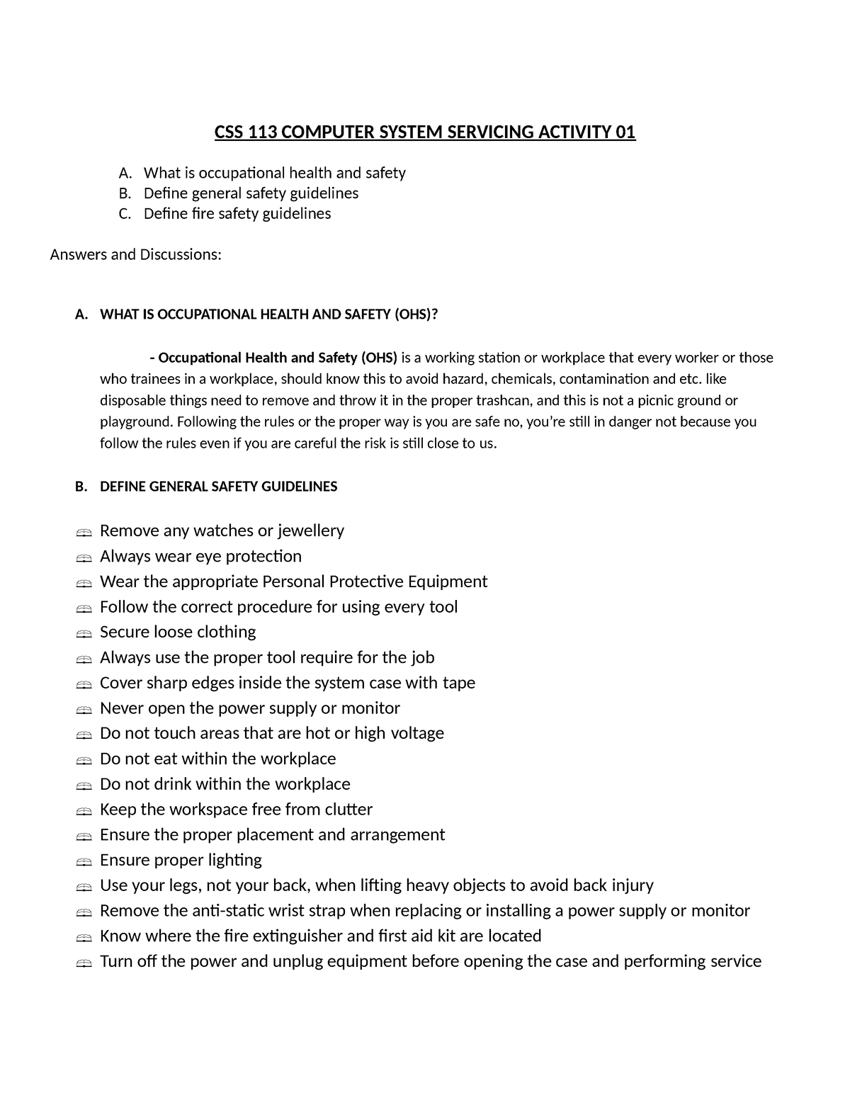 OHS Activity CSS 113 COMPUTER SYSTEM SERVICING ACTIVITY 01 A What Is 