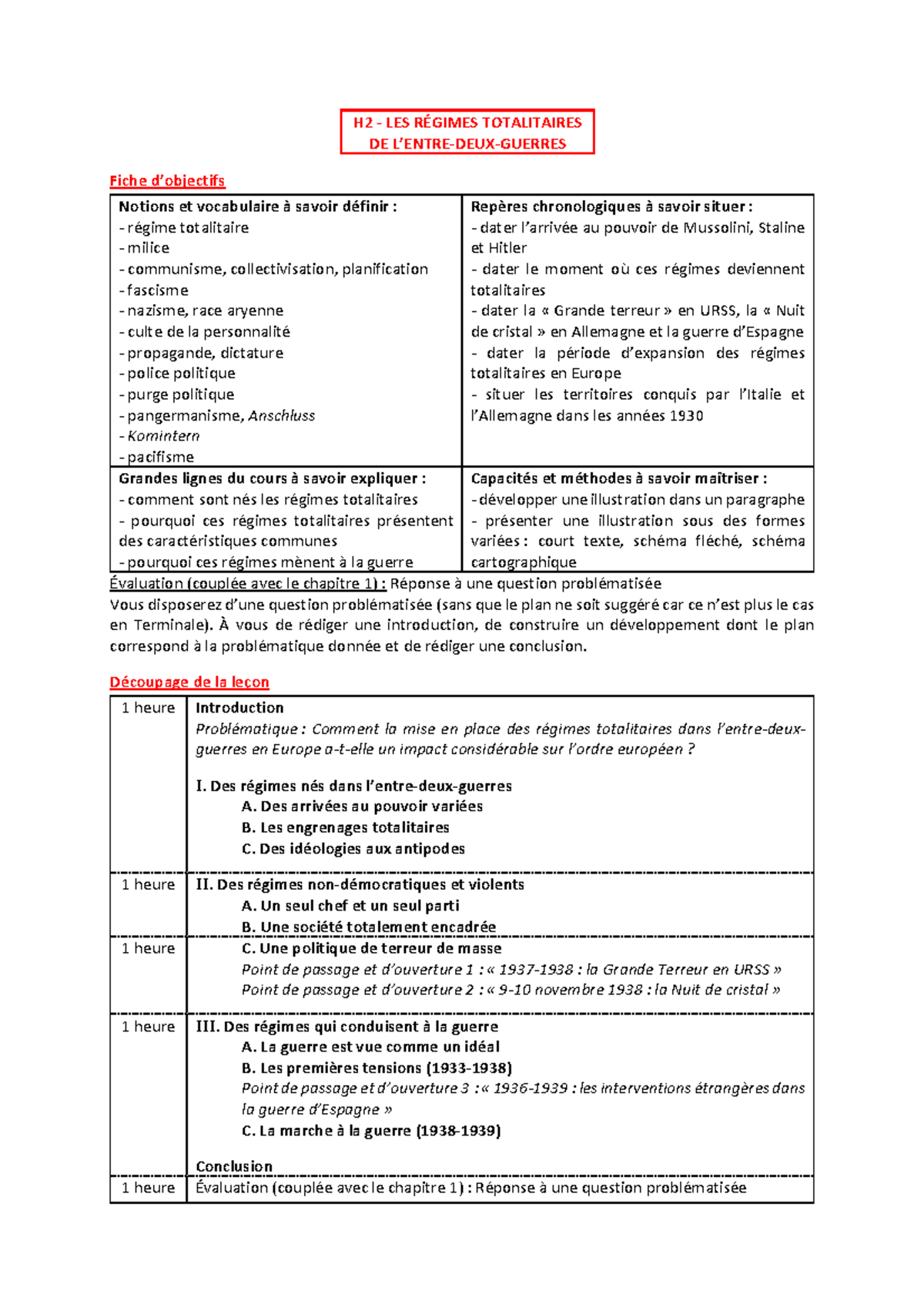 Question Problématisée Sur Les Régimes Totalitaires Terminale Fiche D' Objectifs - Regimes Totalitaires - H2 - LES RÉGIMES TOTALITAIRES  DE L9ENTRE-DEUX-GUERRES - Studocu