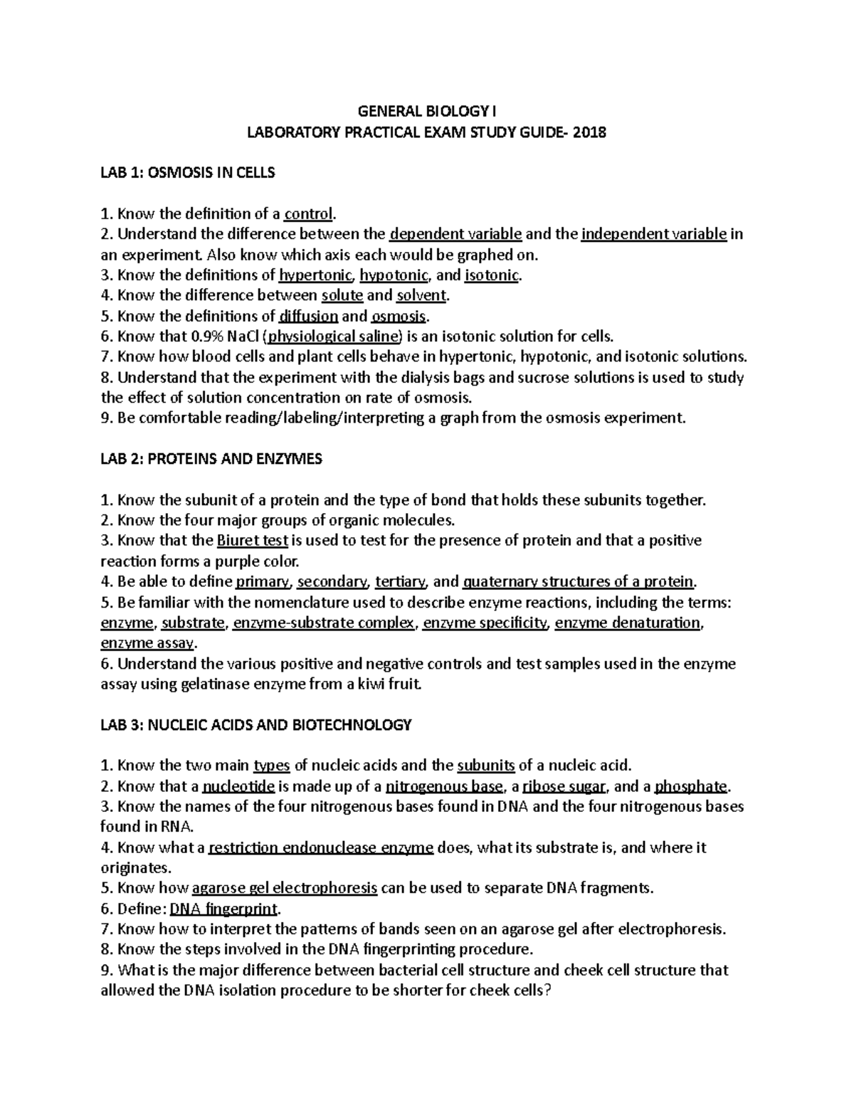 Lab Practical Study Guide 2018 GENERAL BIOLOGY I LABORATORY PRACTICAL