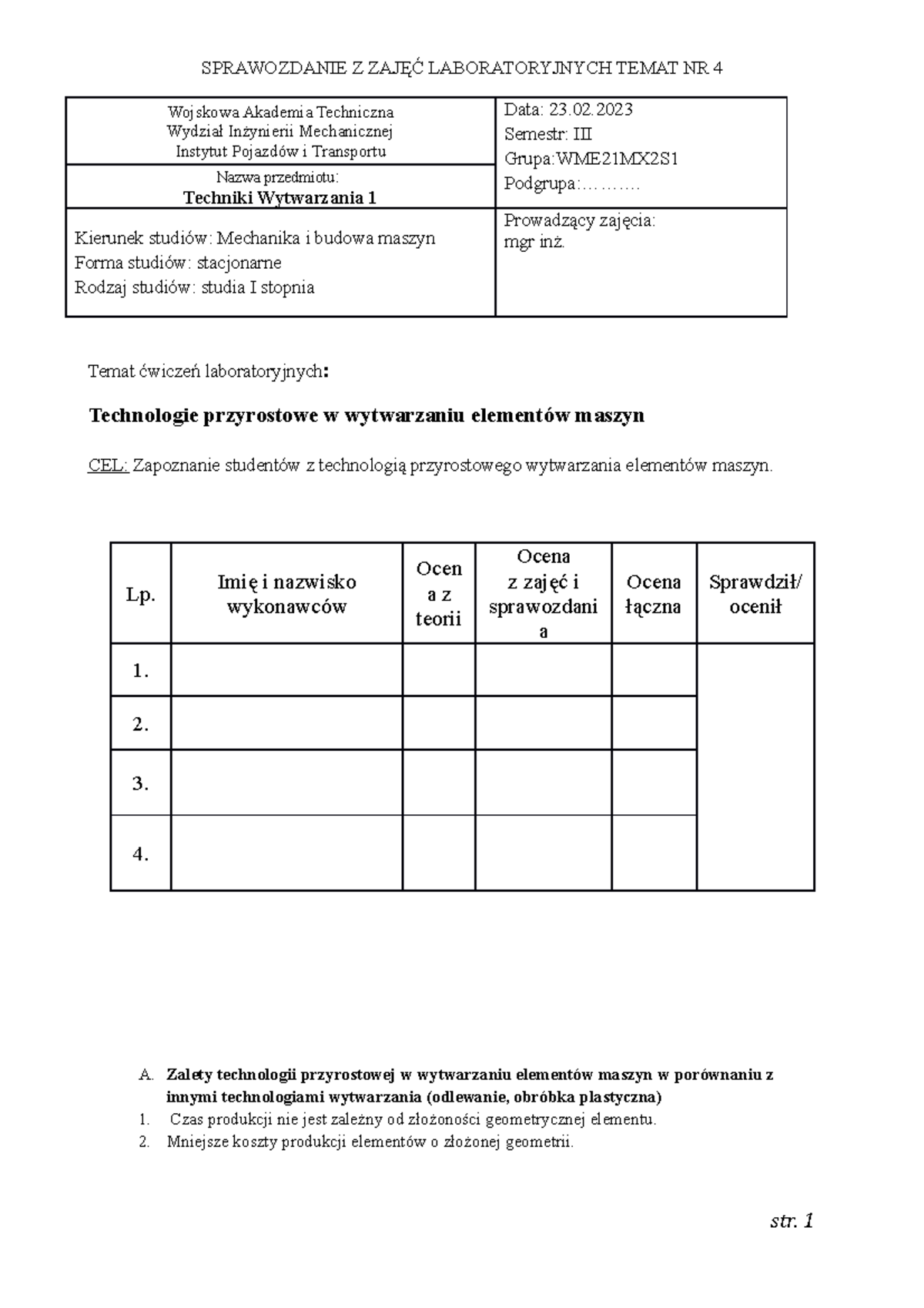 Lab 4 - SPRAWOZDANIE Z ZAJĘĆ LABORATORYJNYCH TEMAT NR 4 Wojskowa ...