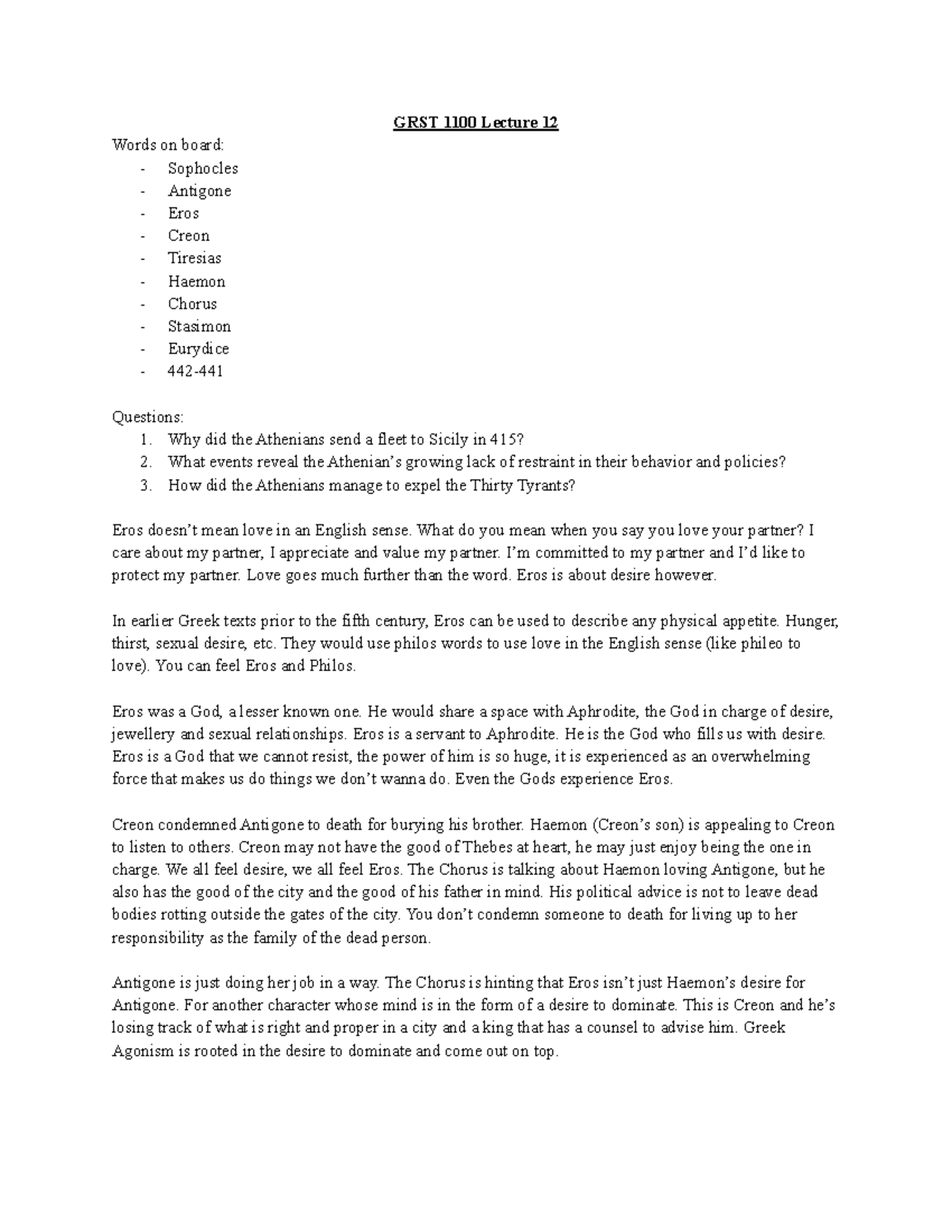 GRST Lecture 12 - notes - GRST 1100 Lecture 12 Words on board ...