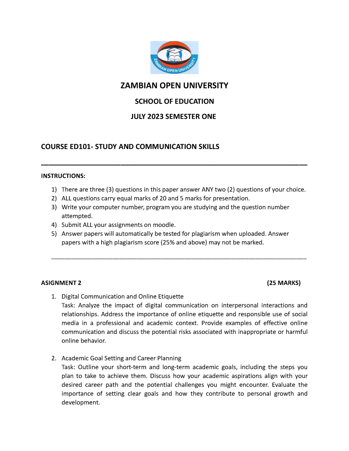 zambian open university assignments