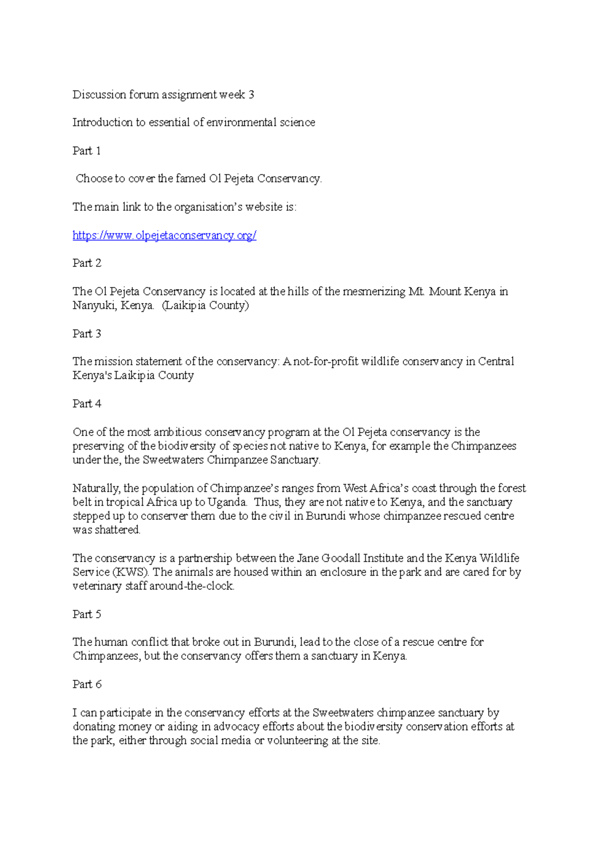 Discussion forum assignment week 3 biodiversity conservation park ...