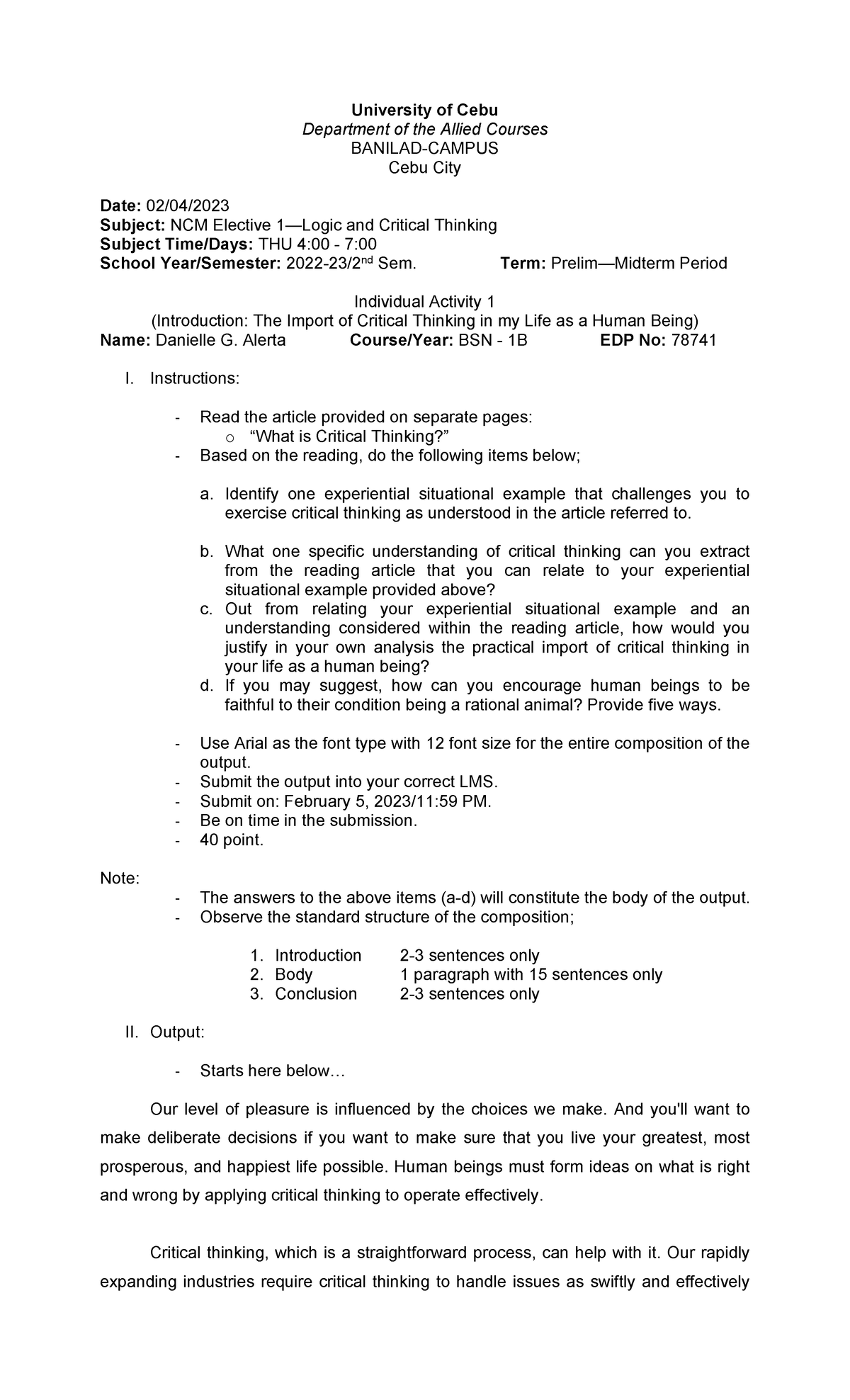 Individual activity 1-Introduction-The Import of Critical Thinking in ...