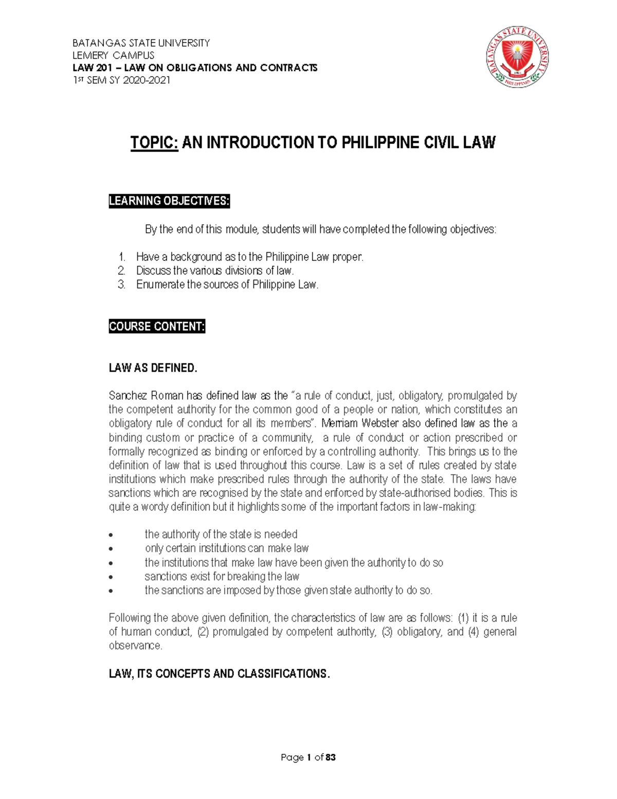 LAW 201 Module - Law on obligation and contracts - LEMERY CAMPUS LAW ...