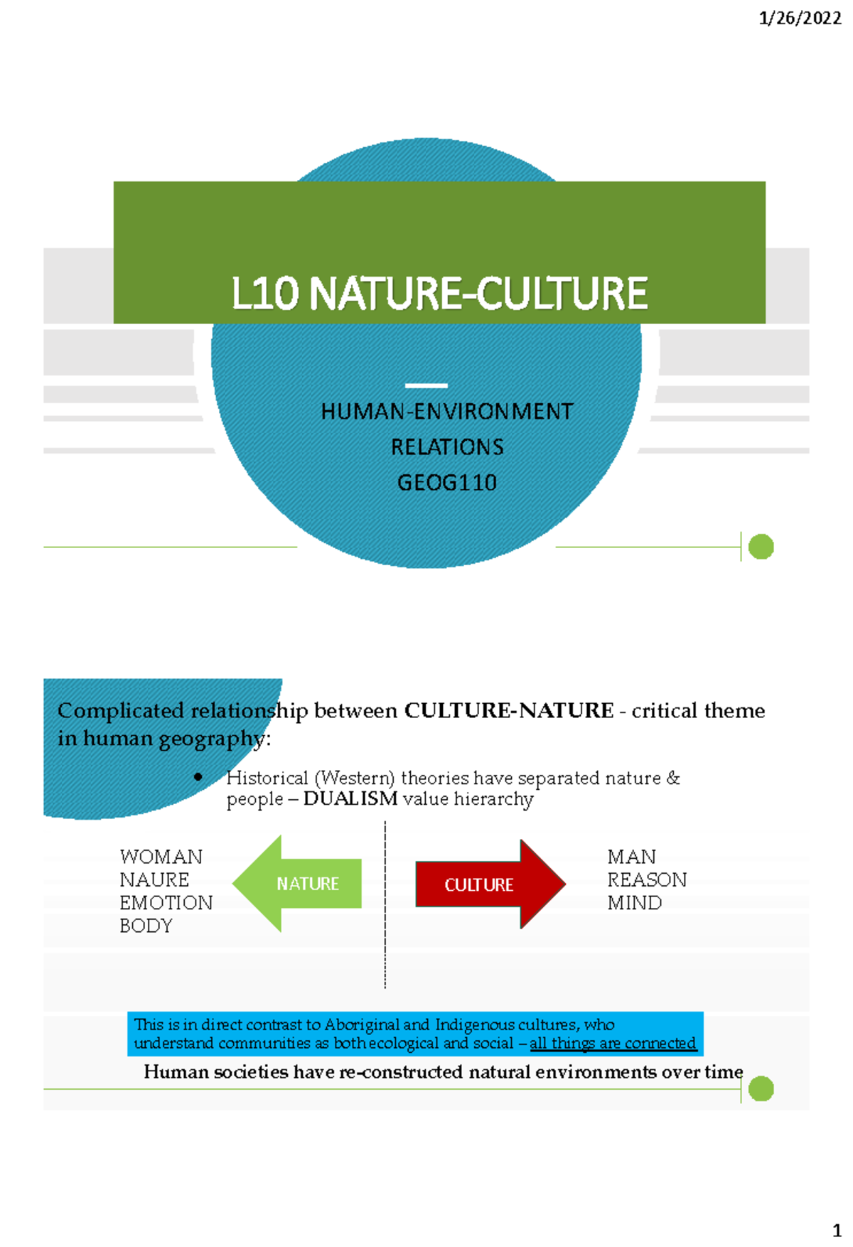 L10 Nature Culture - Study - L10 NATURE-CULTURE HUMAN-ENVIRONMENT ...