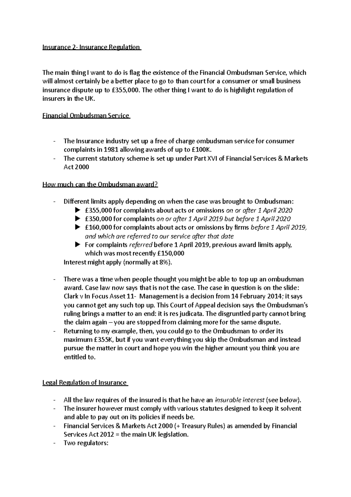 Insurance 2 - Insurance 2- Insurance Regulation The main thing I want ...