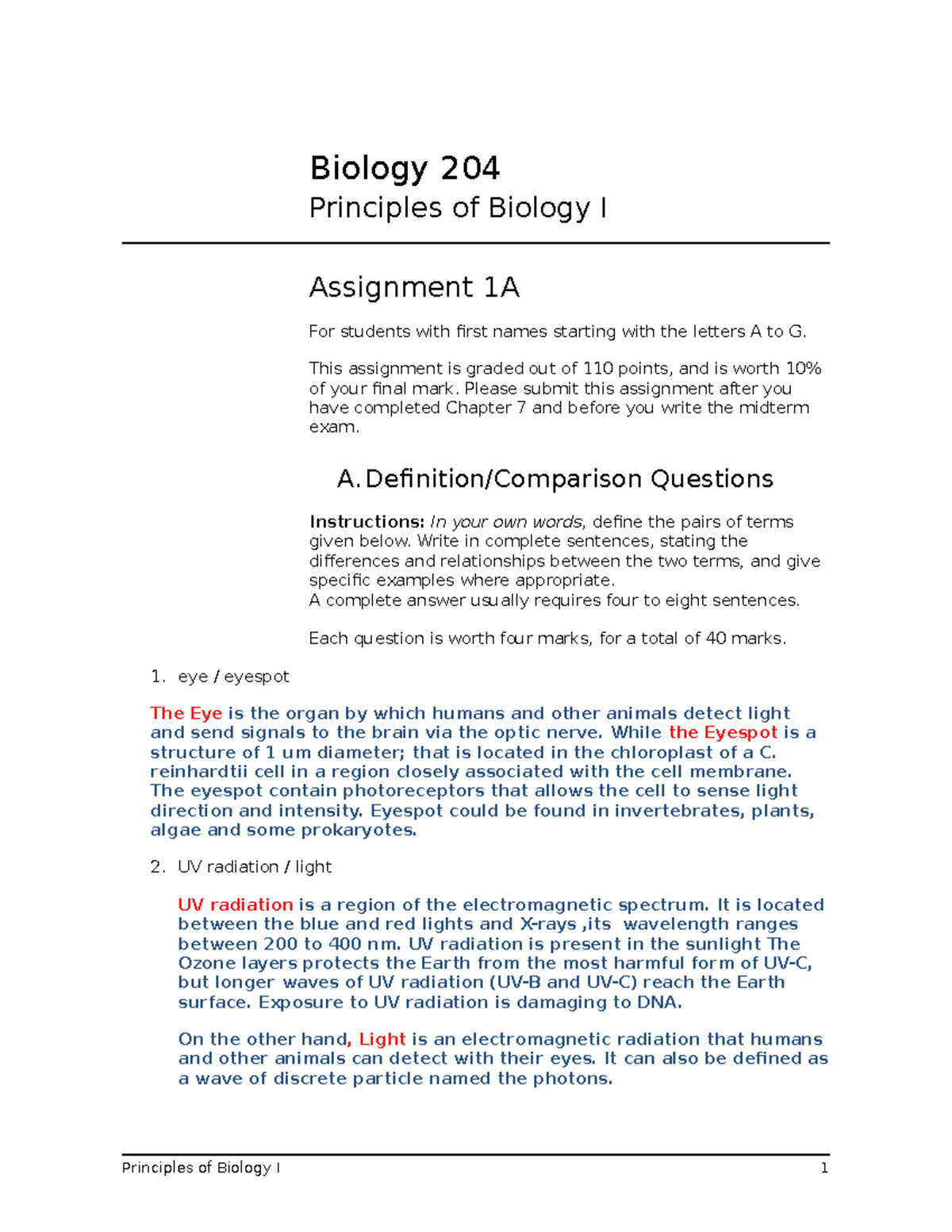 Assignment 1a - Biology 204 Principles Of Biology I Assignment 1a For 