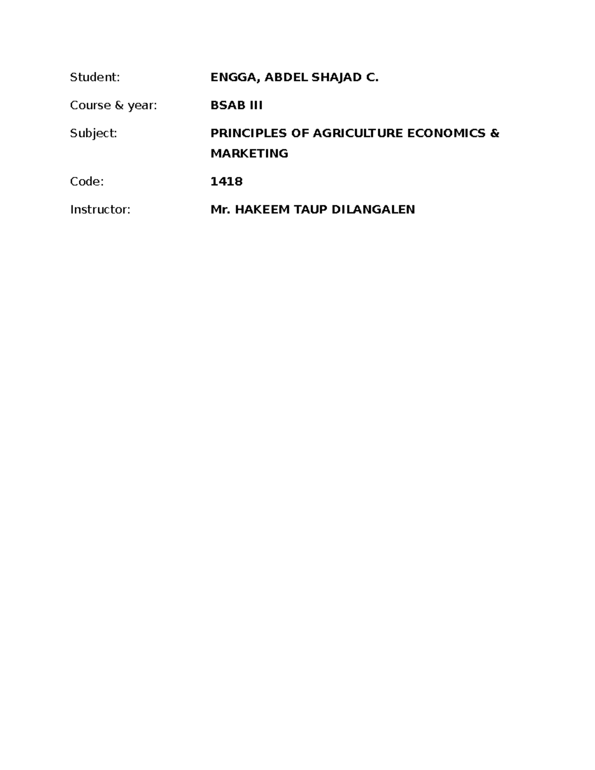 Ag Econ 211 - Econ - Student: ENGGA, ABDEL SHAJAD C. Course & year ...