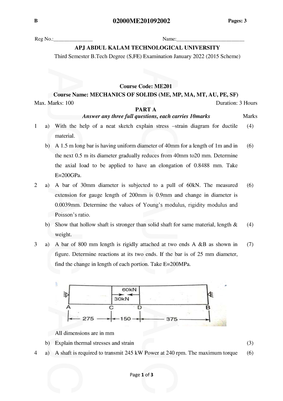 2022 Jan. ME201-K - Qn Paper - 02000ME Page 1 Of 3 Course Code: ME ...