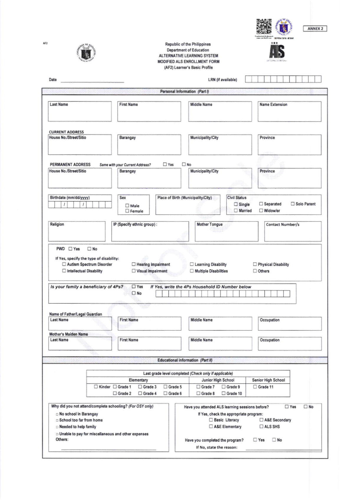 ALS-Form-2-AF2 Enrollment-Form SY-2022-2023 - Bachelor of Elementary ...