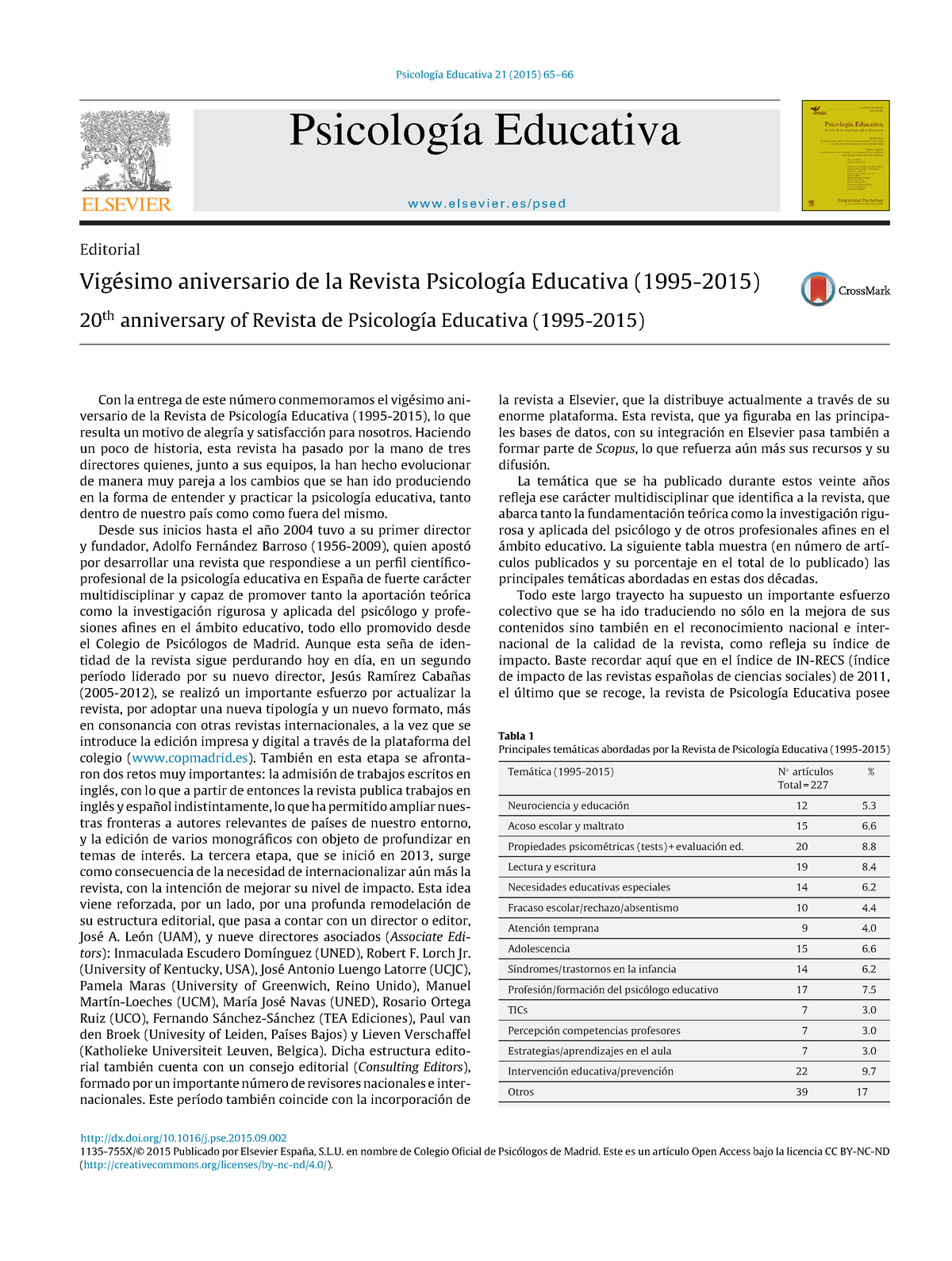 Vig Simo Aniversario De La Revista Psicolog A Educativa 1995 2015 ...