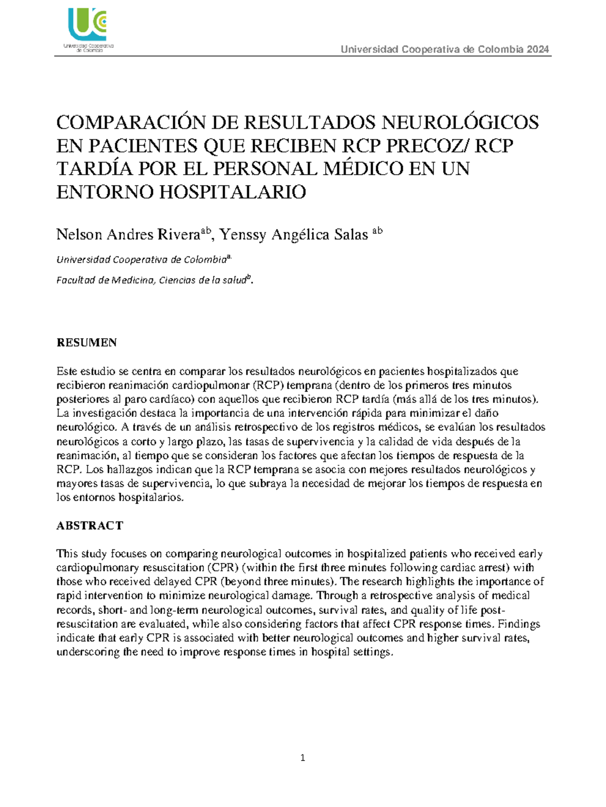 Proyecto - RCP PRECOZ VS RCP TARDIO - COMPARACIÓN DE RESULTADOS ...