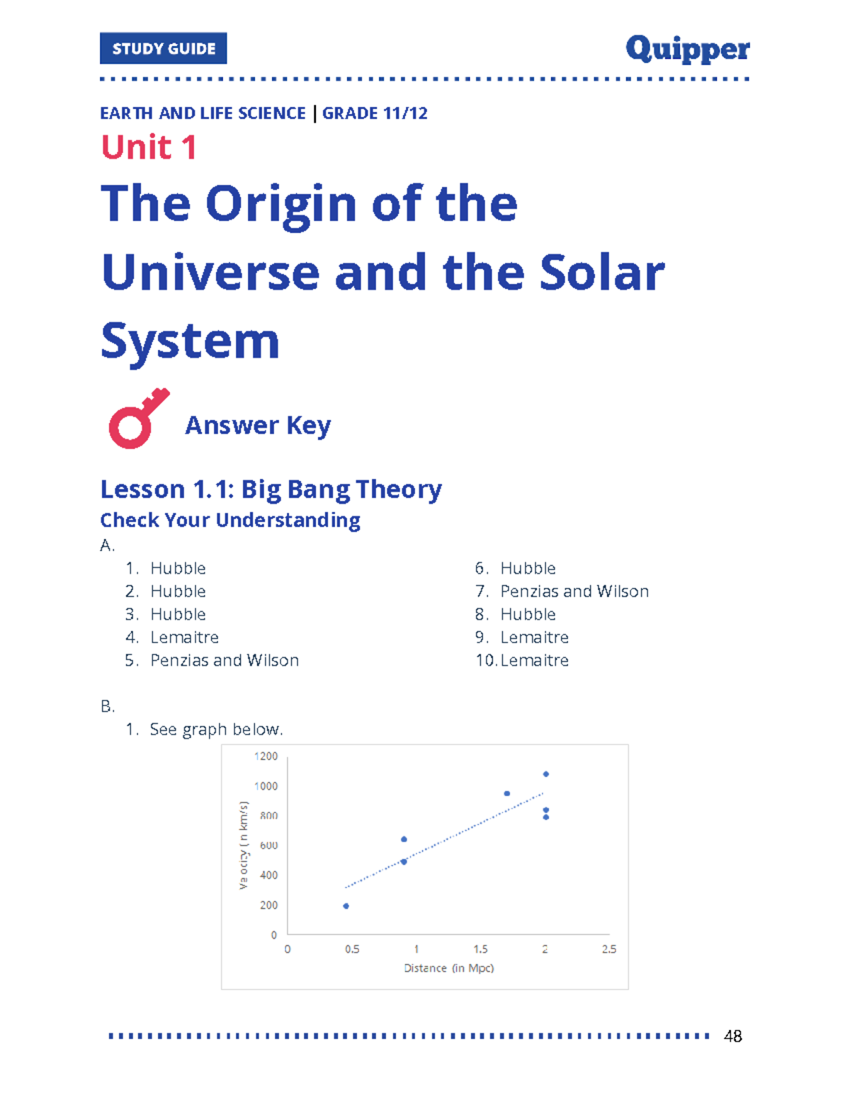 01. ELS SHS Unit 1 Origin of the Universe and the Solar System (Answer