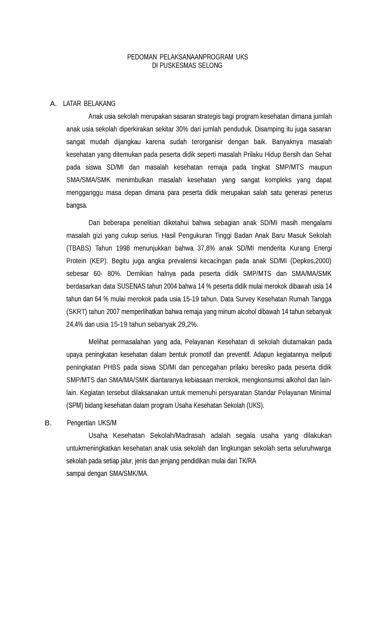 Document 15 Pedoman Usaha Kesehatan Sekolah Pedoman Pelaksanaanprogram Uks Di Puskesmas 9321