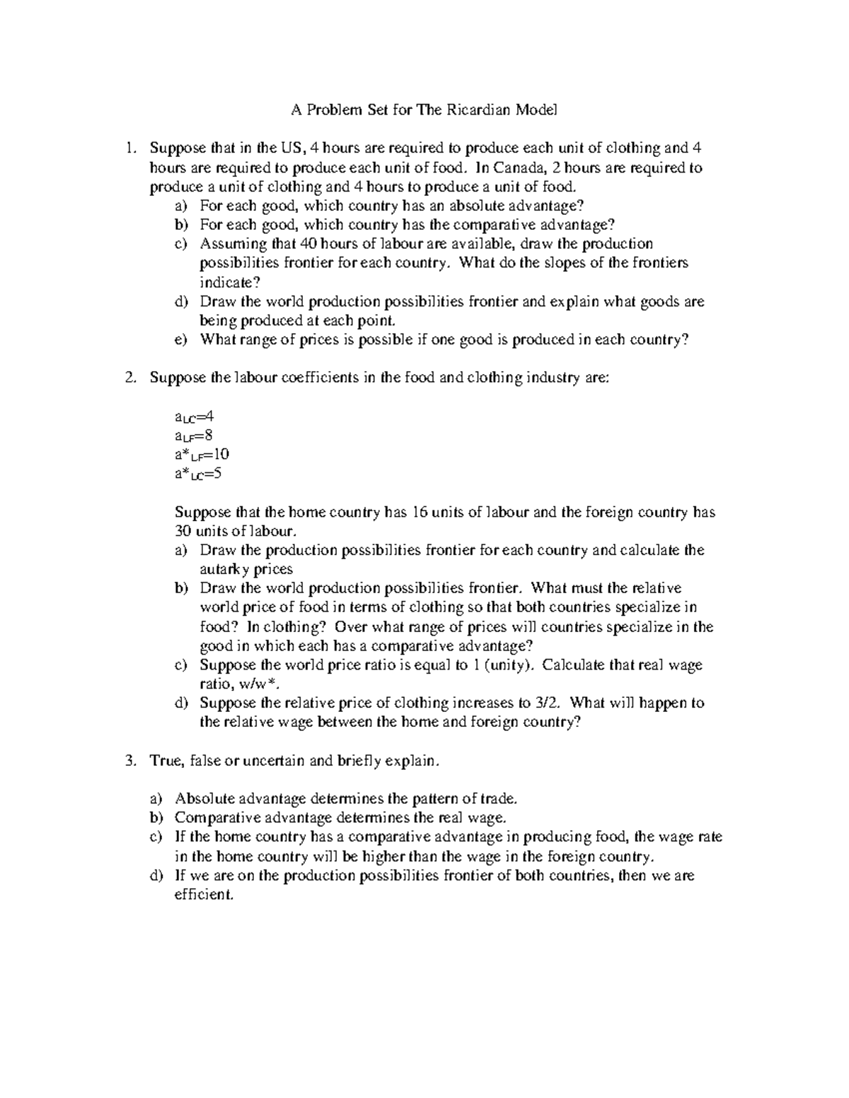 A Problem Set for The Ricardian Model - A Problem Set for The Ricardian ...