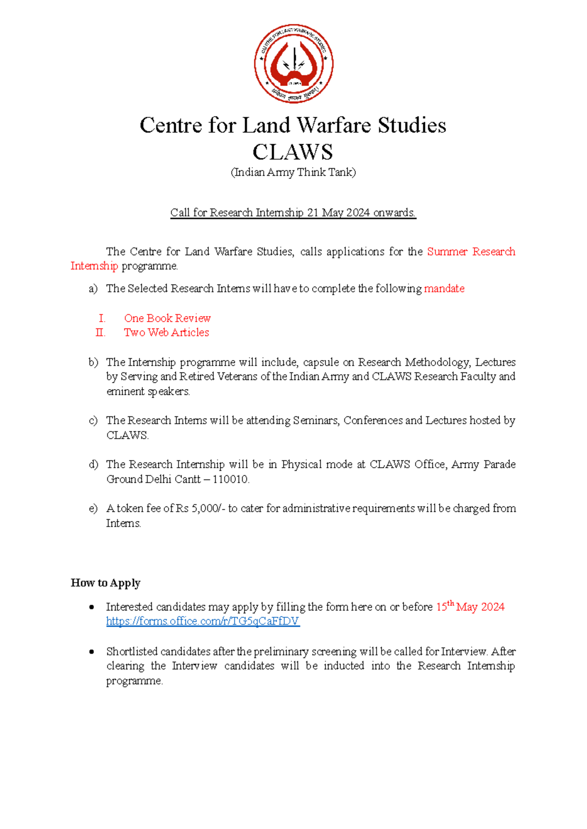 Claws-Research-Internship - Centre for Land Warfare Studies CLAWS ...