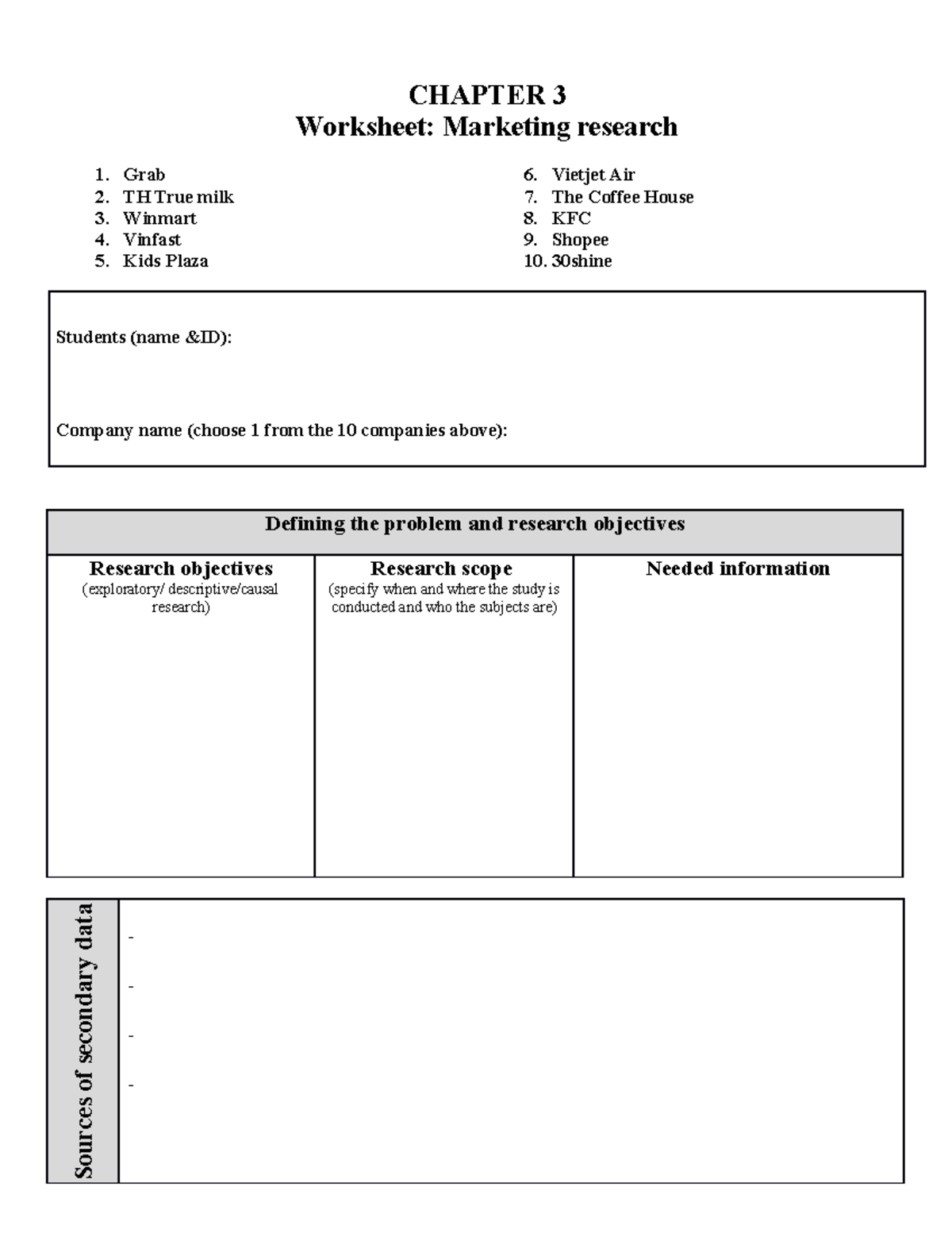 Worksheet marketing research - CHAPTER 3 Worksheet: Marketing research ...