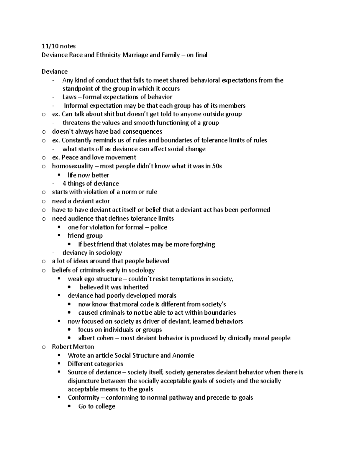 11:10 sociology notes - 11/10 notes Deviance Race and Ethnicity ...