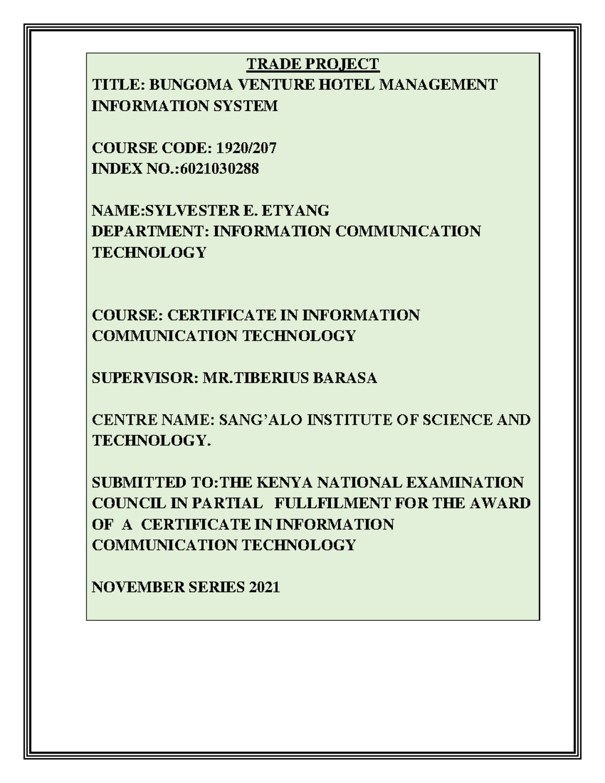 6021030288 Project Trade Project Title Bungoma Venture Hotel