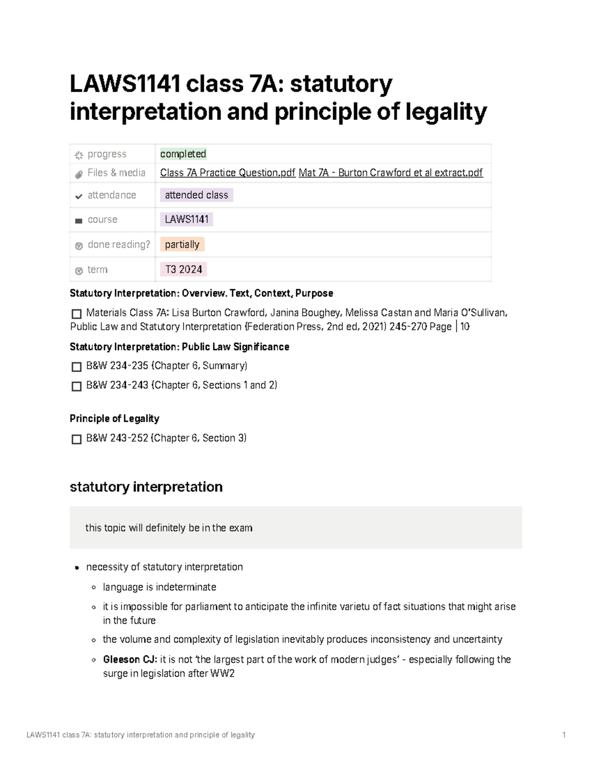 LAWS1141 Statutory Interpretation - LAWS1141 class 7A: statutory ...