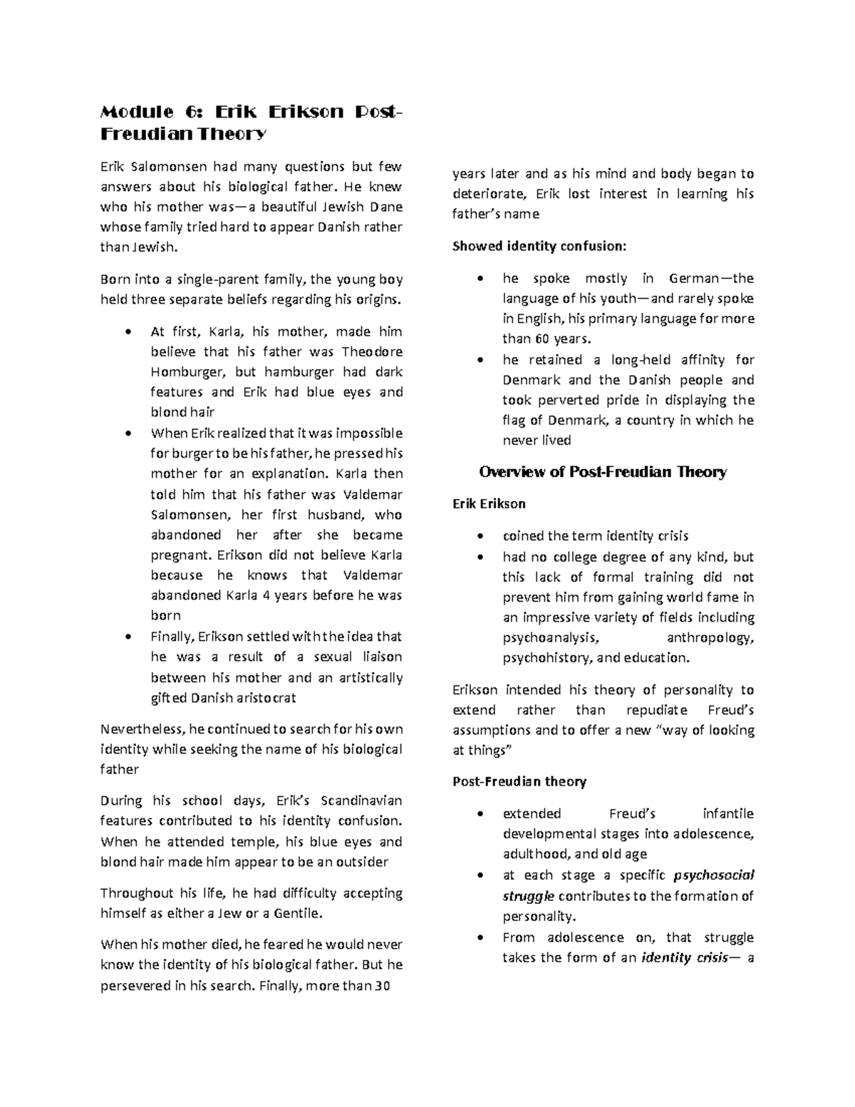 HumanisticExistential Module 6 Erik Erikson Post Freudian Theory