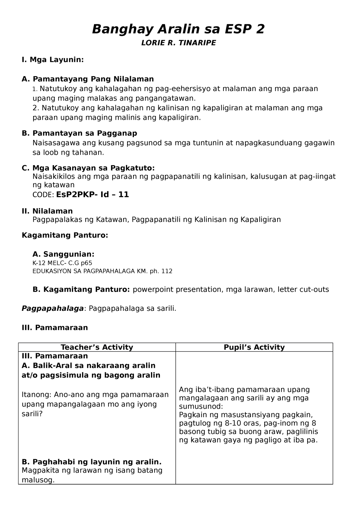 Detailed Lesson PLAN - Banghay Aralin Sa ESP 2 ####### LORIE R ...