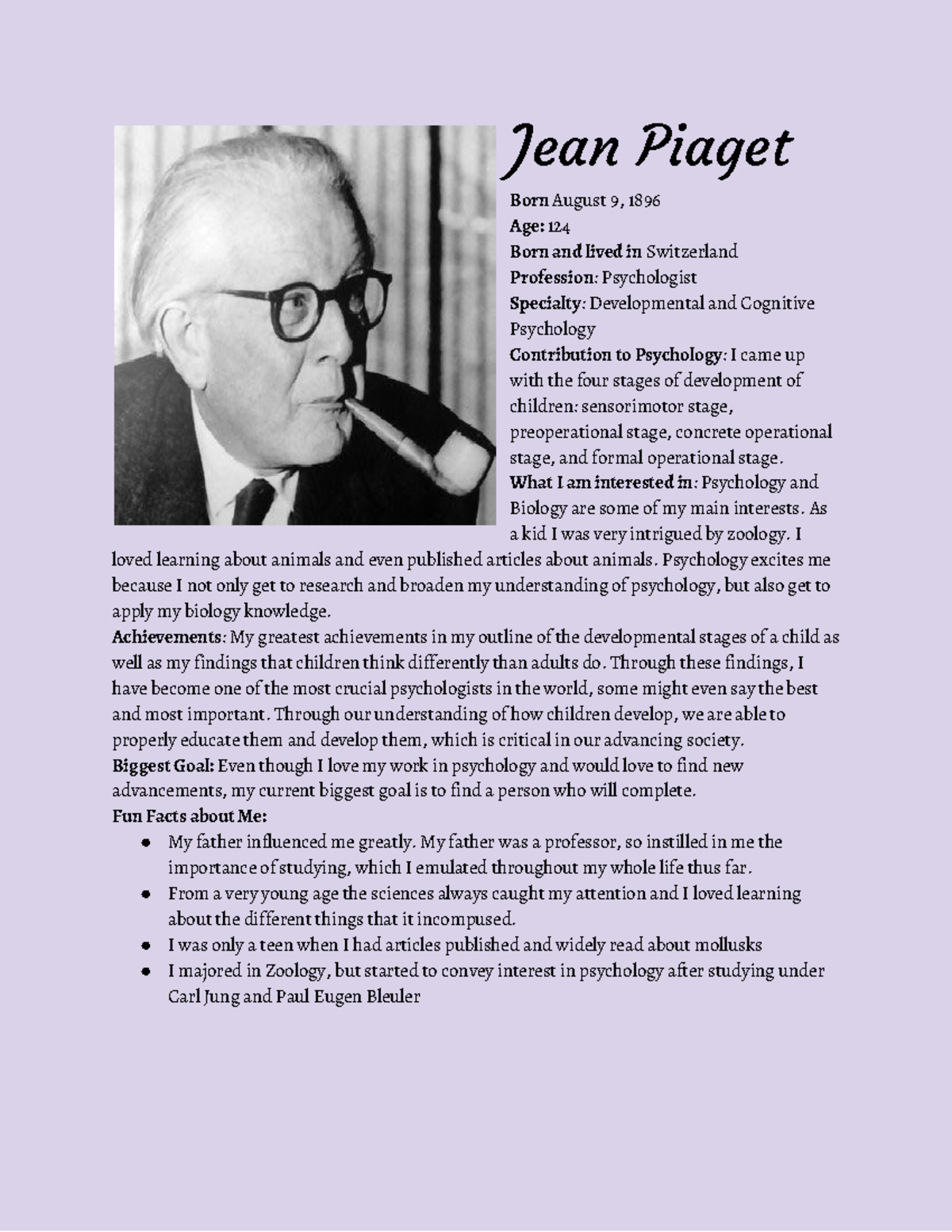 Psychology Dating Profile Assignment Anwers - Jean Piaget Born August 9 ...