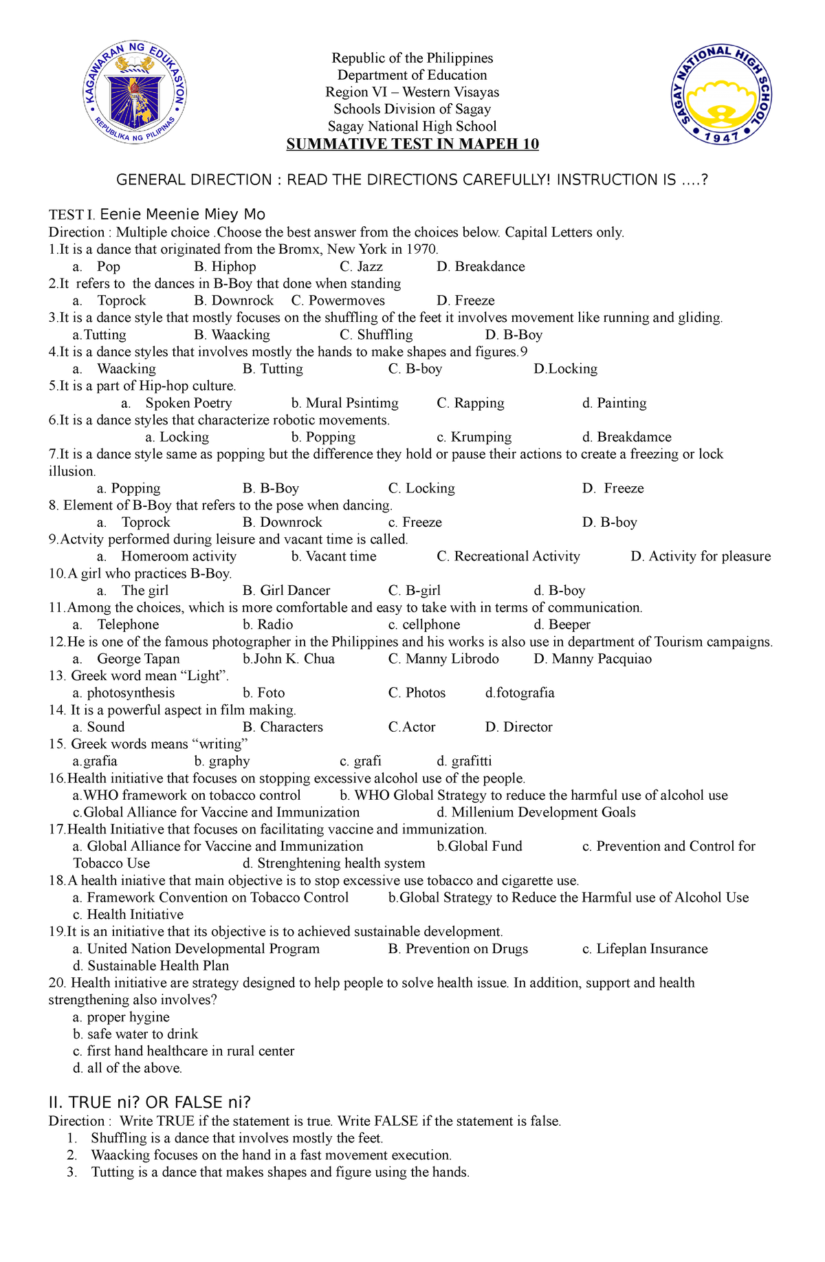 Summative Test In Mapeh 10 Republic Of The Philippines Department Of Education Region Vi 