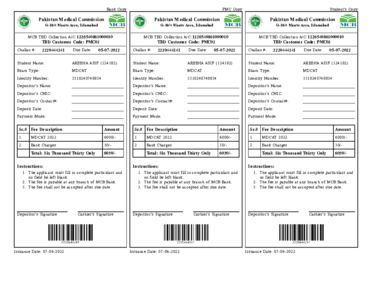 2220444241 - Blood module - Bank Copy Pakistan Medical Commission G-10/ ...