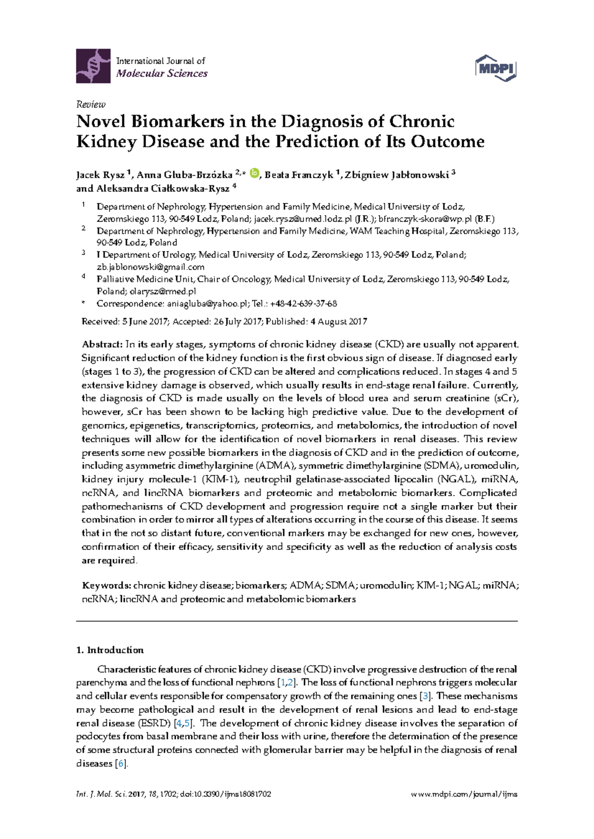 Novel Biomarkers in the Diagnosis of Chronic Kidney Disease and the ...