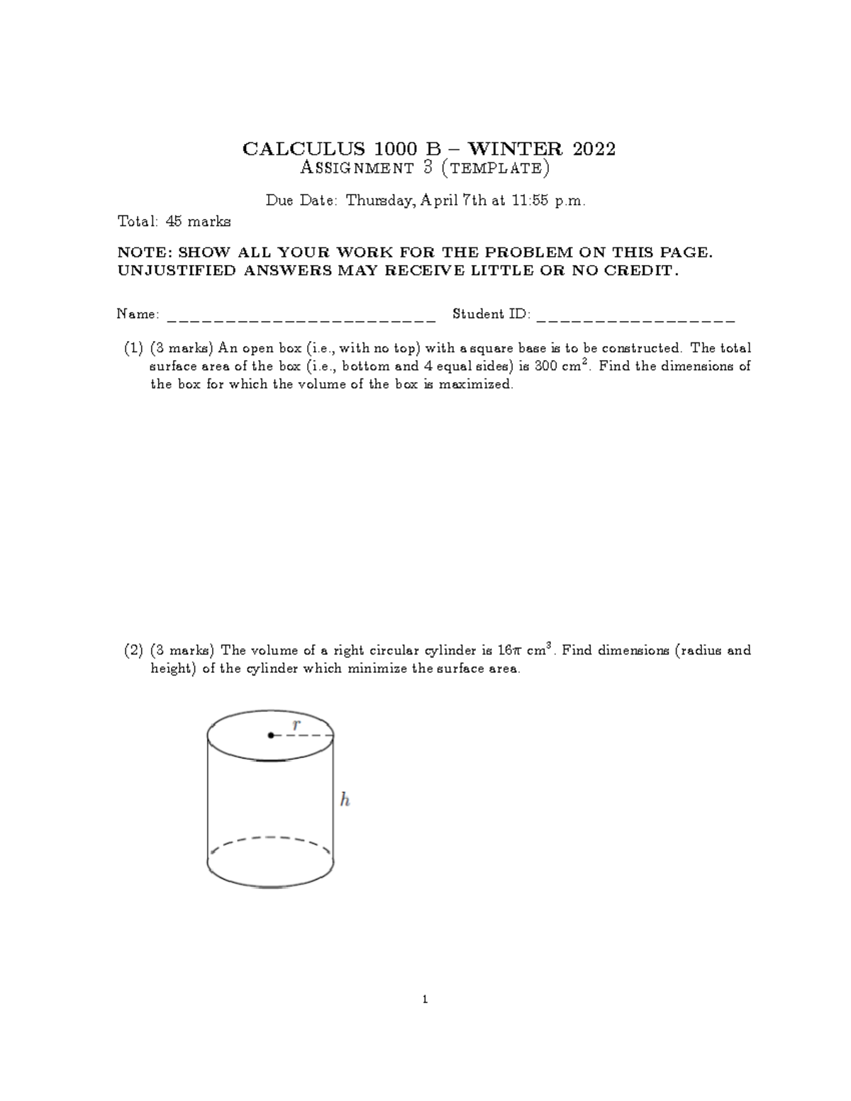 Assignment+3+template - CALCULUS 1000 B ñ WINTER 2022 Assignment 3 ...