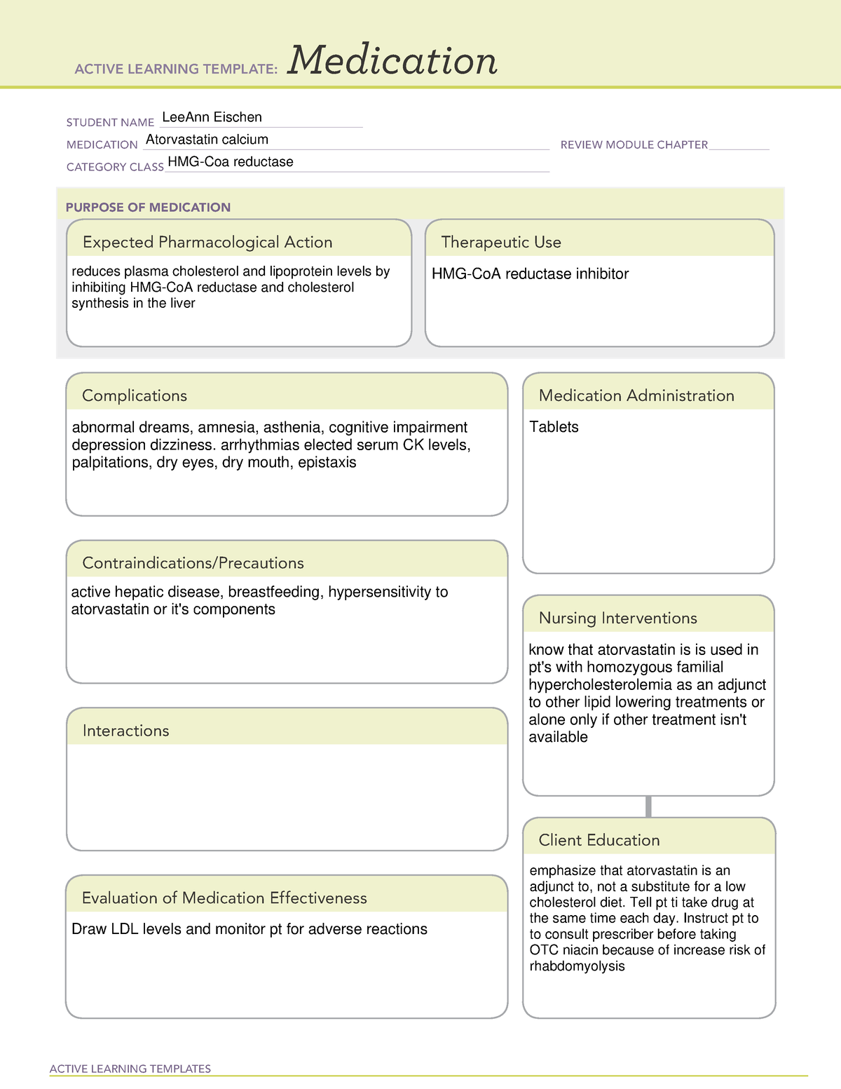 Atorvastatin Medication Sheet Template ATI ACTIVE LEARNING TEMPLATES