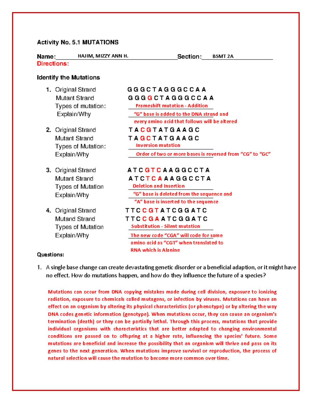 Activity No. 7.1 Mutations - Activity No. 5 MUTATIONS Name ...