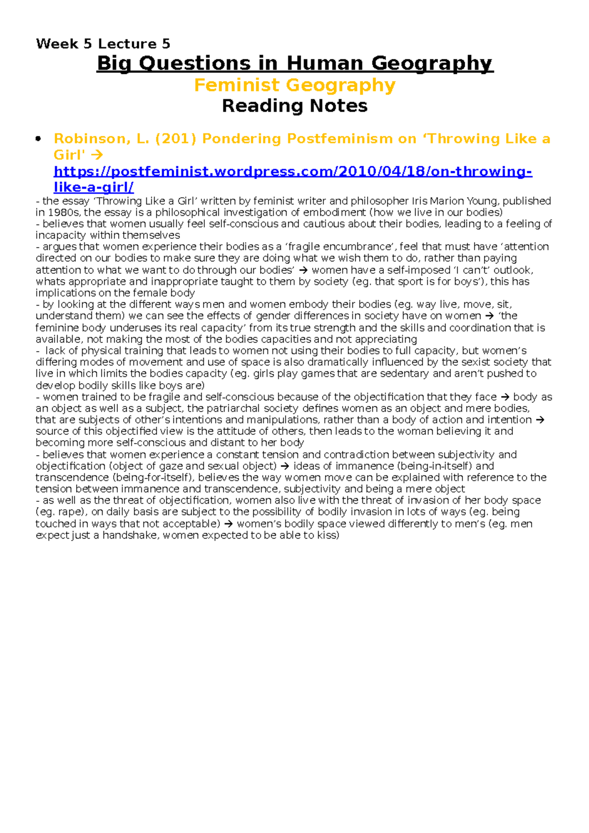 Week 5 Lecture 5 feminist geography Week 5 Lecture 5 Big Questions in Human Geography Feminist