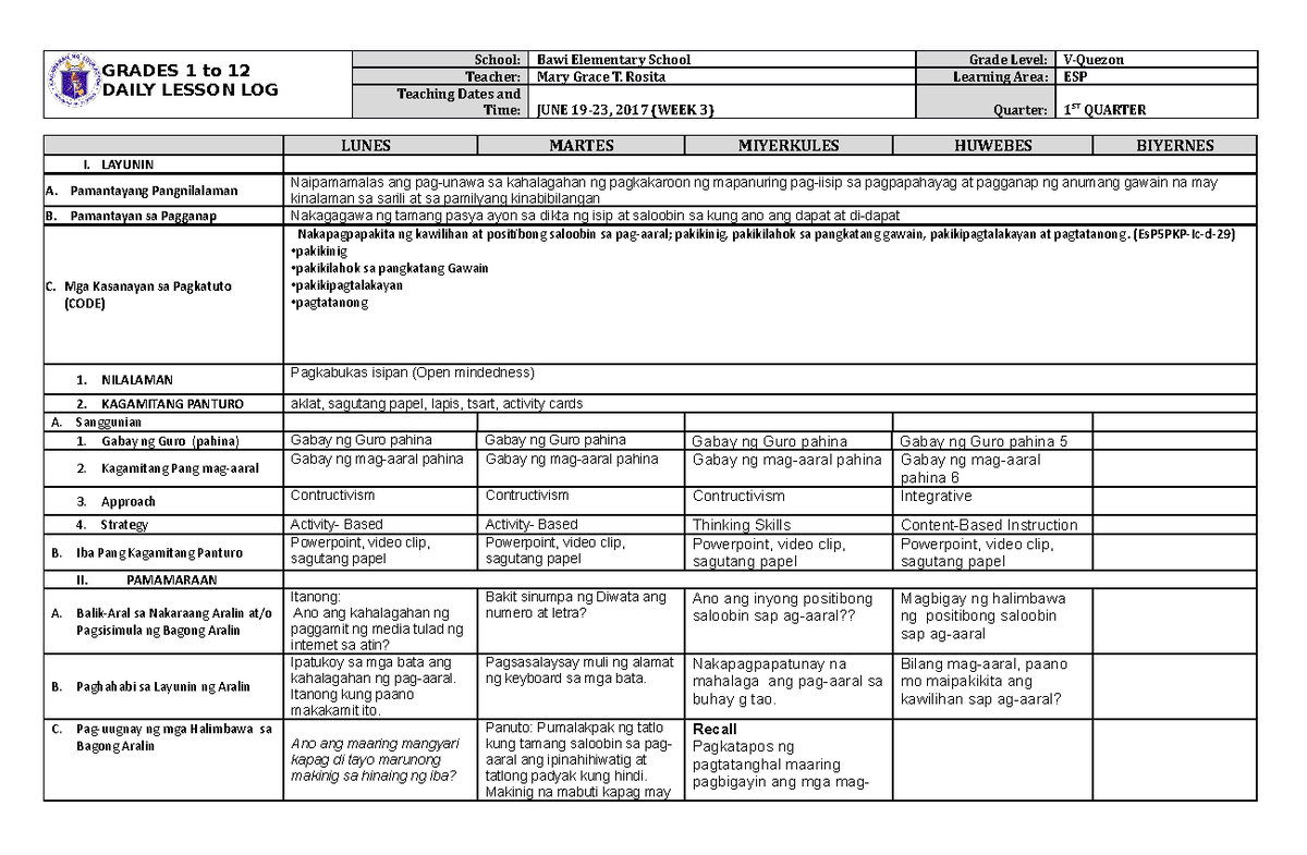 Dll Esp 5 Q1 W3 Education Grades 1 To 12 Daily Lesson Log School Bawi Elementary School 2758