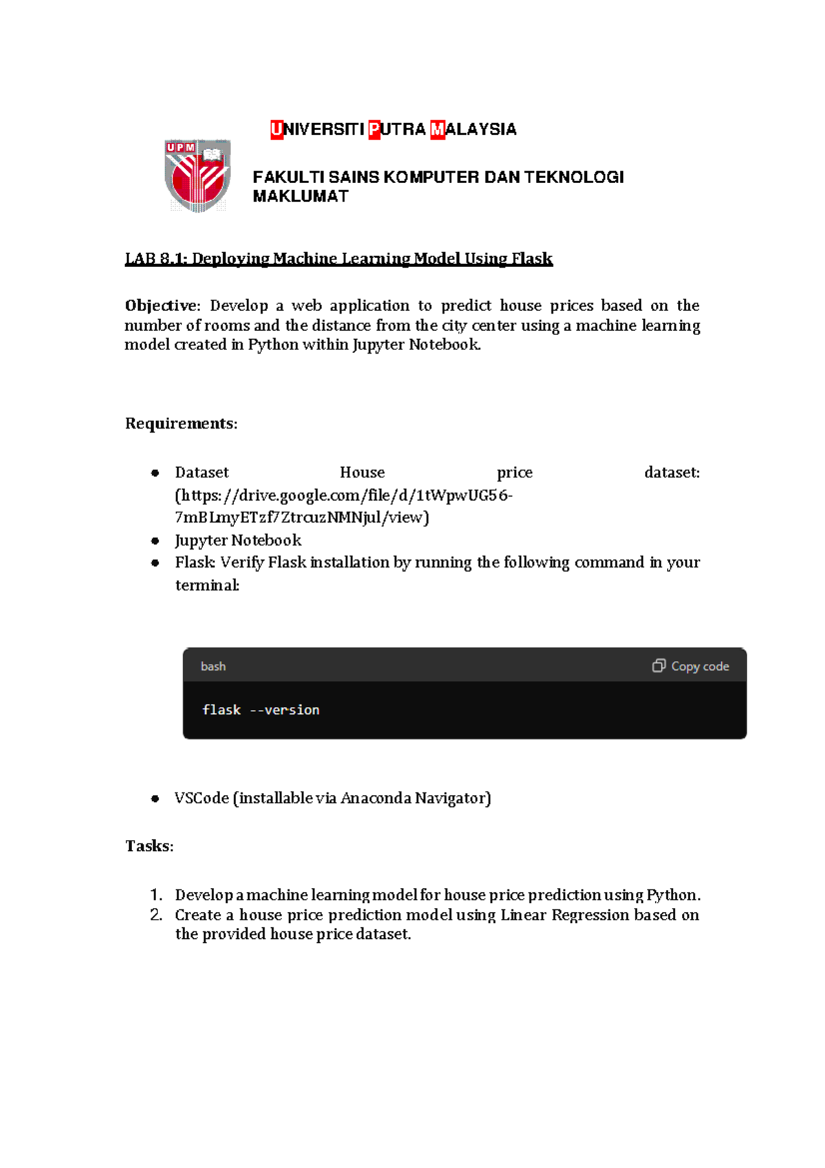 Lab 8 part 1 Deploying Machine Learning Model Using Flask - UNIVERSITI ...