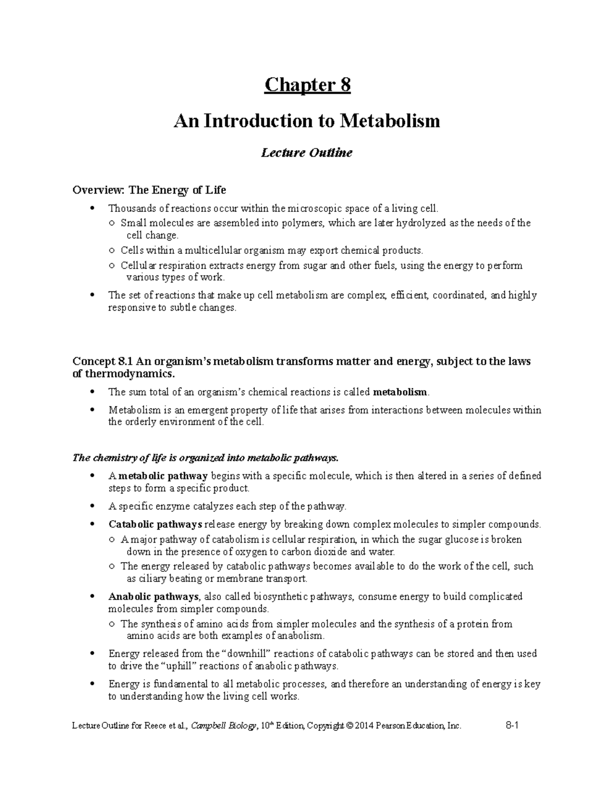 08 Outline An Introduction to Metabolism - Chapter 8 An Introduction to ...