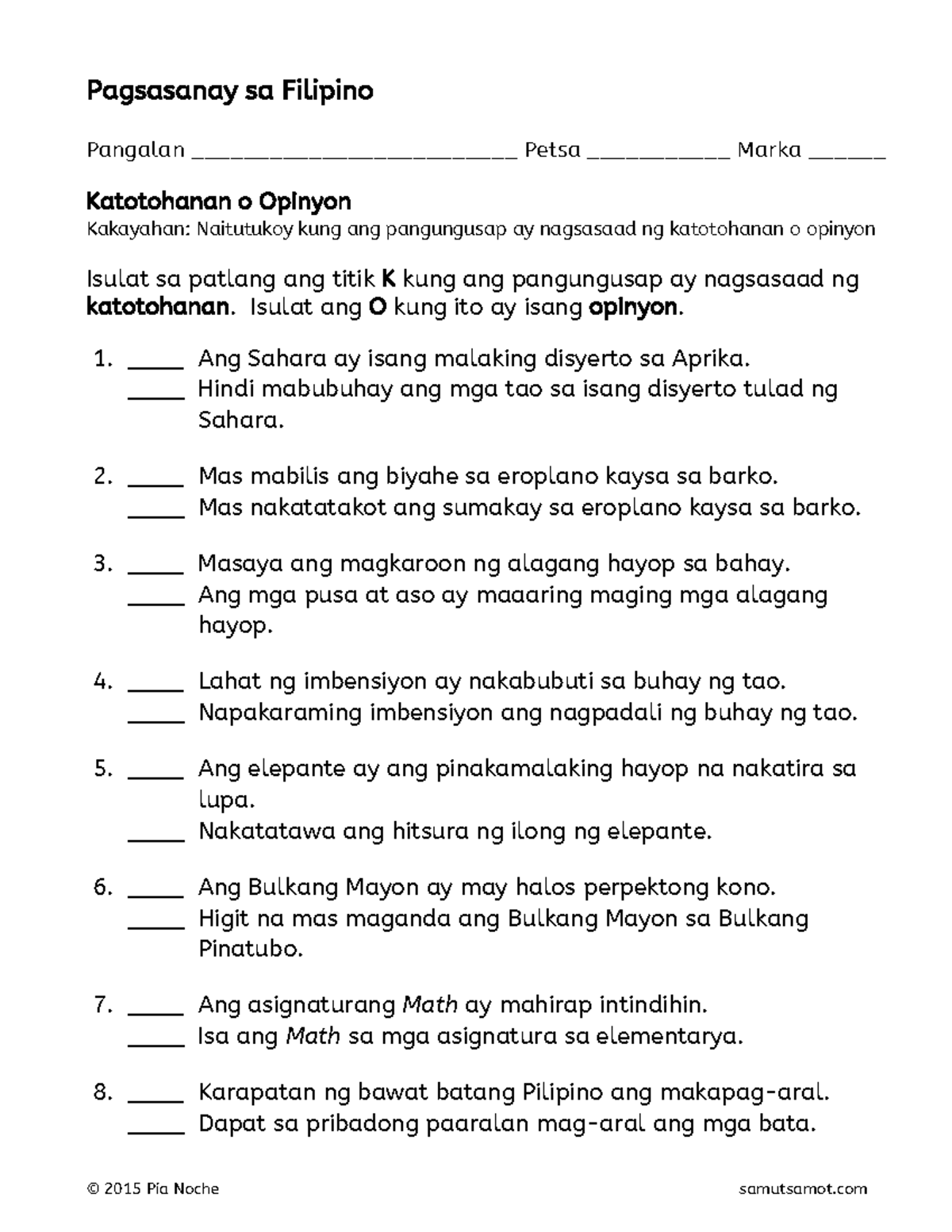 Katotohanan o opinyon for grade 5 worksheet 1 - Pangalan ...