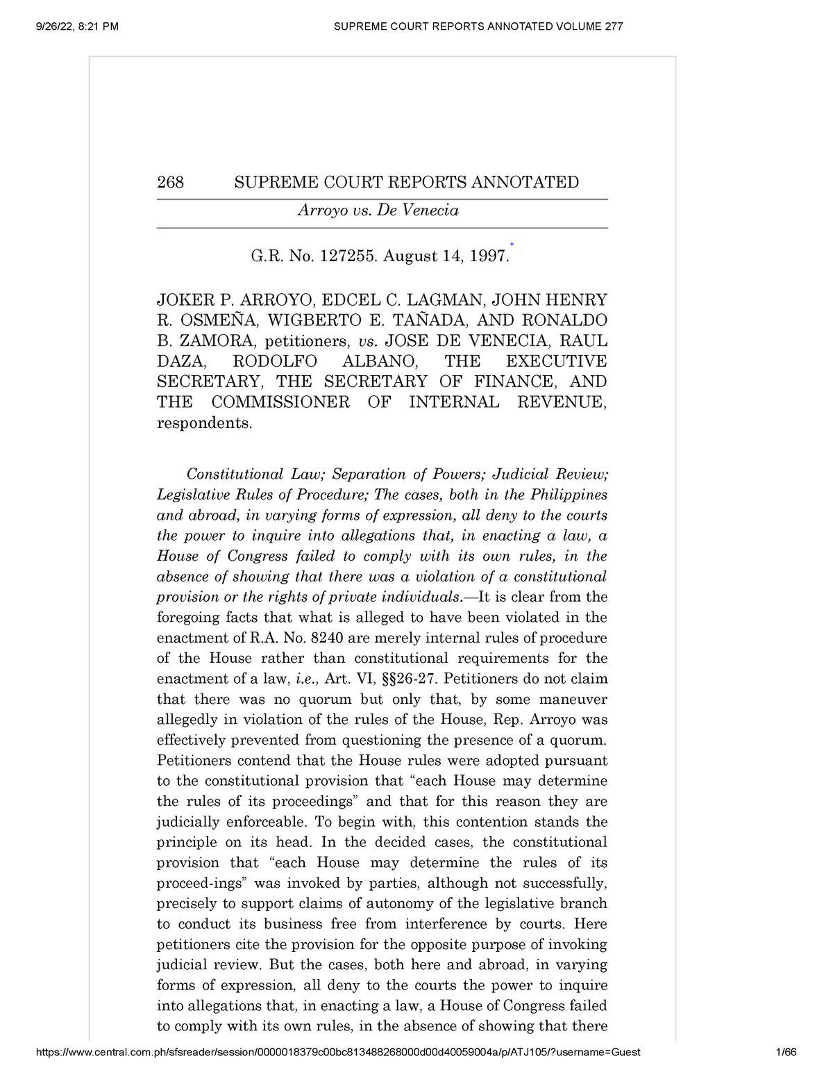 Arroyo Vs. De Venecia, G.R. 127255, August 14, 1997 - 268 SUPREME COURT ...