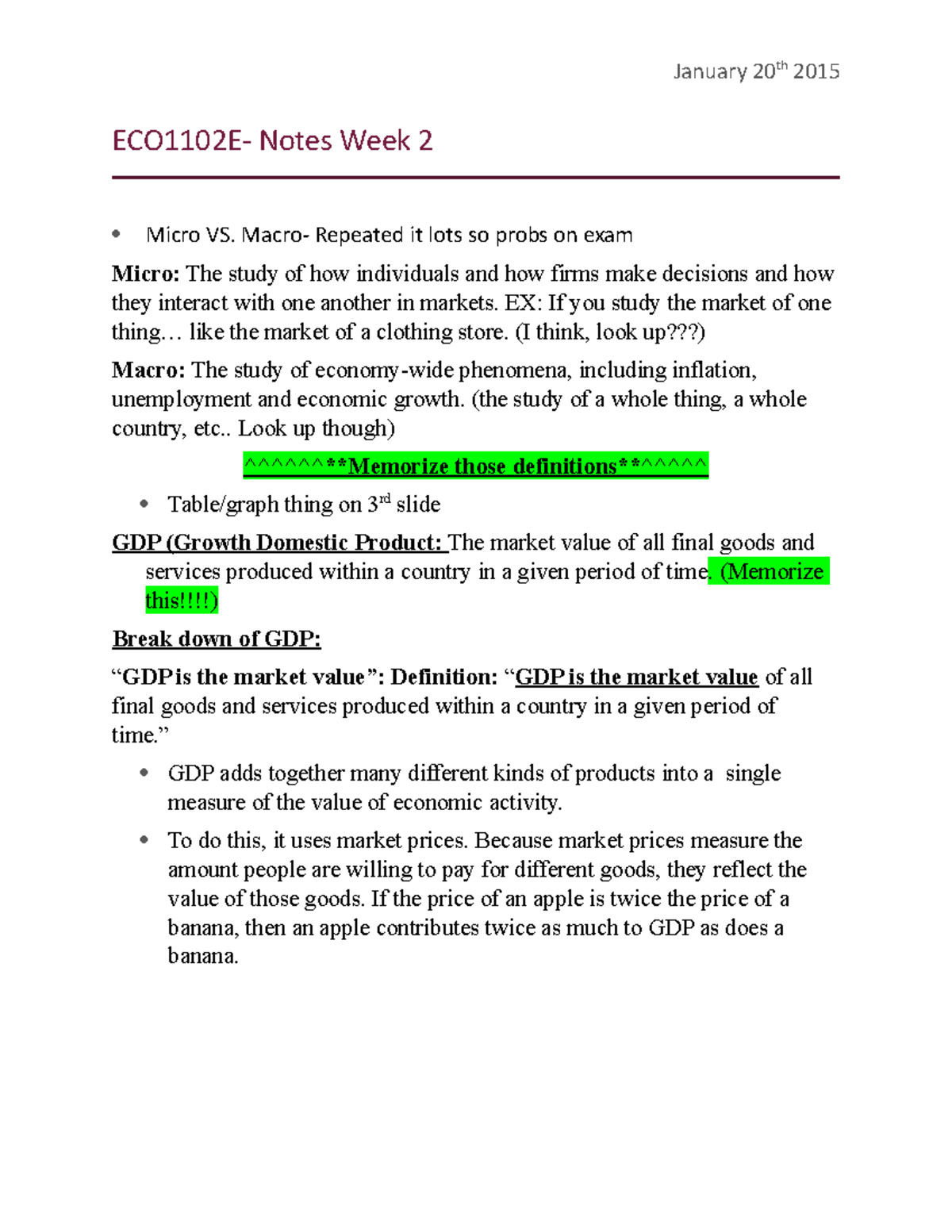 Lecture notes- Micro. vs. Macro - January 20th 2015 Notes Week 2 Micro ...