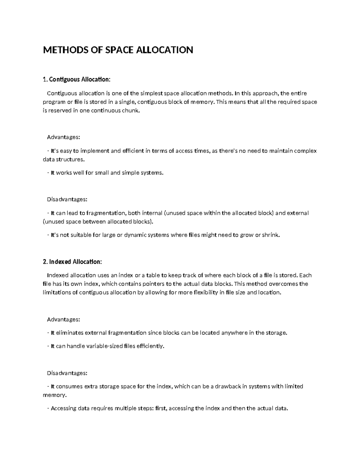 Methods OF Space Allocation - METHODS OF SPACE ALLOCATION Contiguous ...