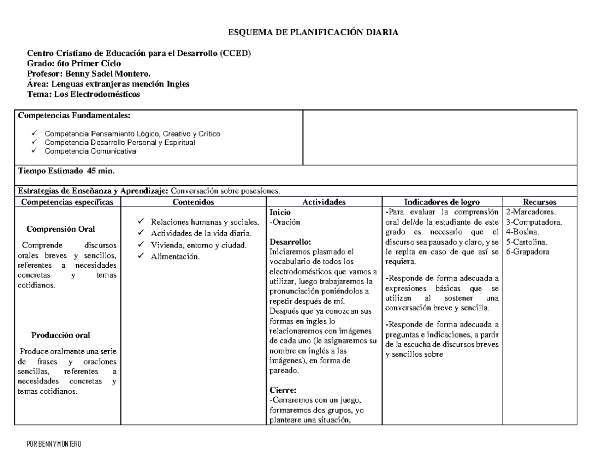 Esquema De Planificación - ESQUEMA DE DIARIA Centro Cristiano De Para ...