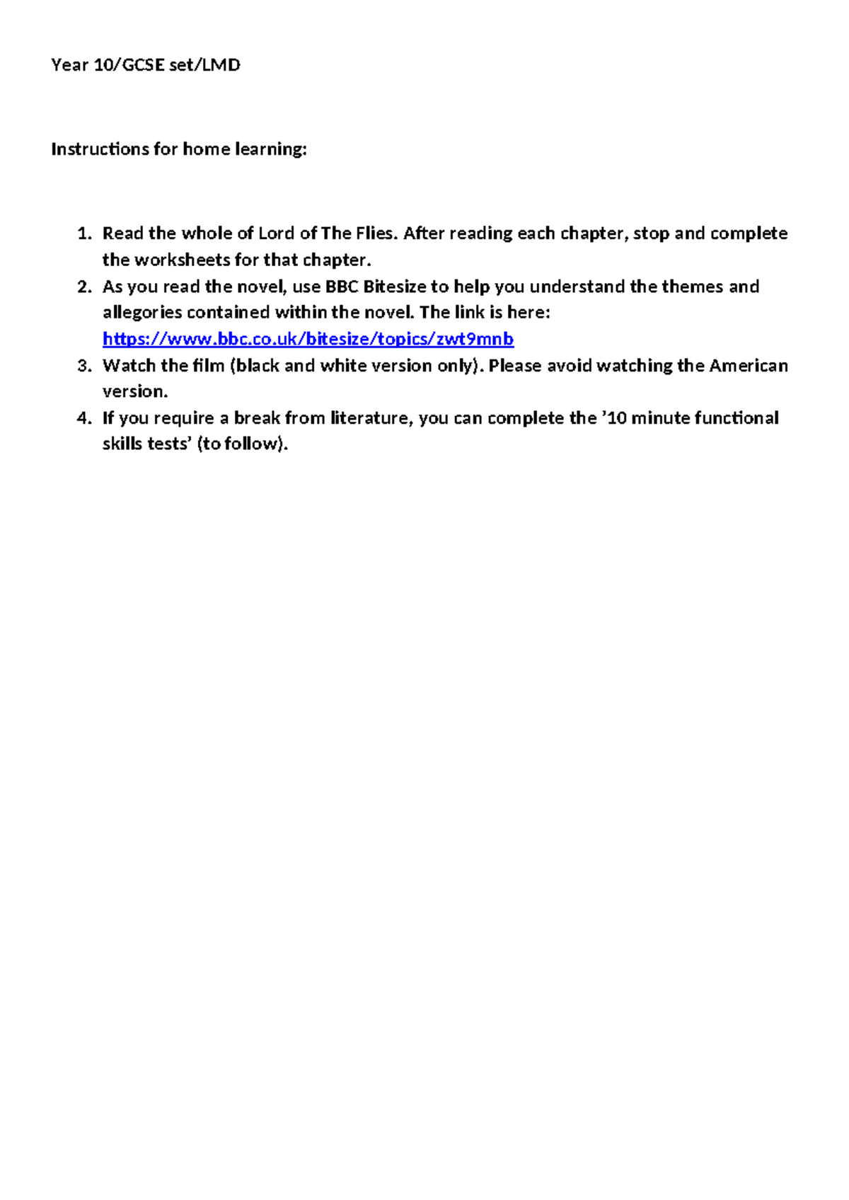 Yr 10 GCSE English LOTF Booklet - Year 10/GCSE set/LMD Instructions for ...