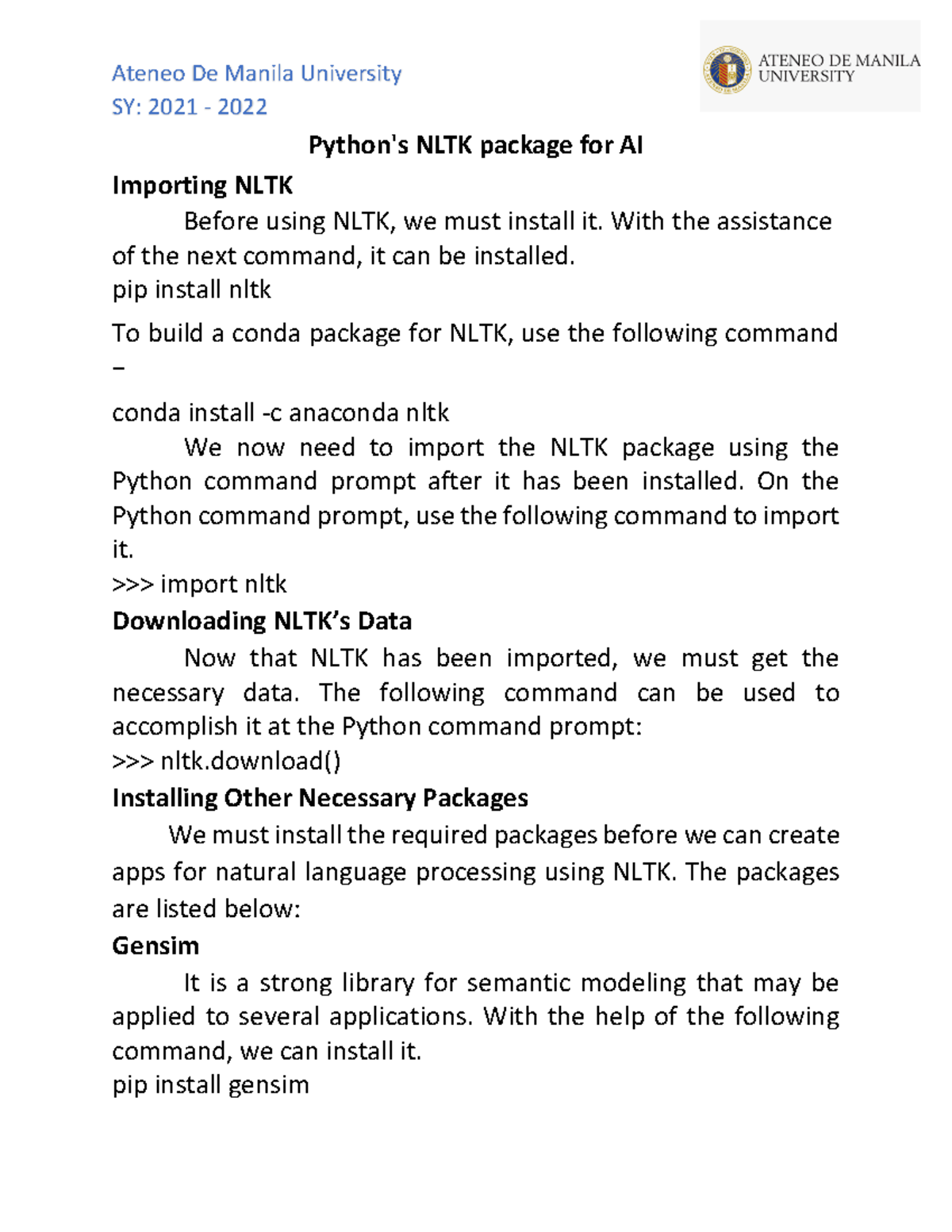 Python S NLTK Package For AI - SY: 2021 - 2022 Python's NLTK Package ...