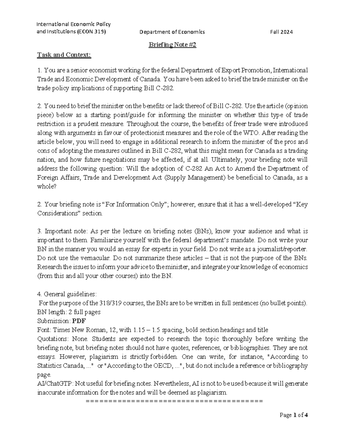 Briefing Note Article #2 Fall 2024 ECON 319 - and Institutions (ECON ...