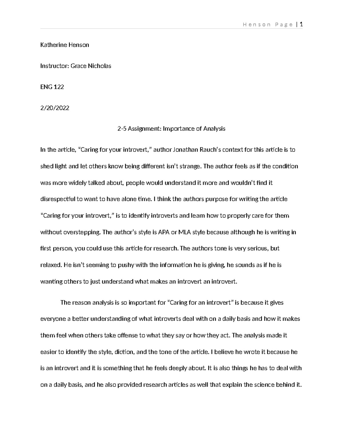 2-5 assignment - English 122 Nicholas - H e n s o n P a g e | 1 ...
