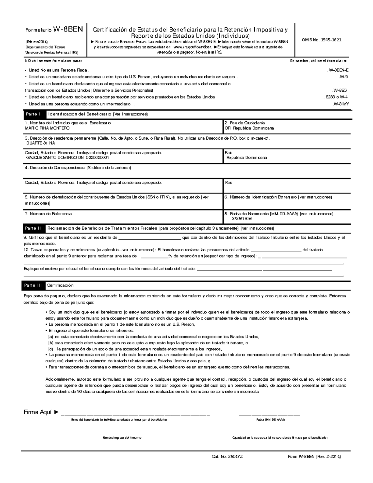 W8 - Produccion - adsadsads - Formulario W-8BEN Certificación de ...