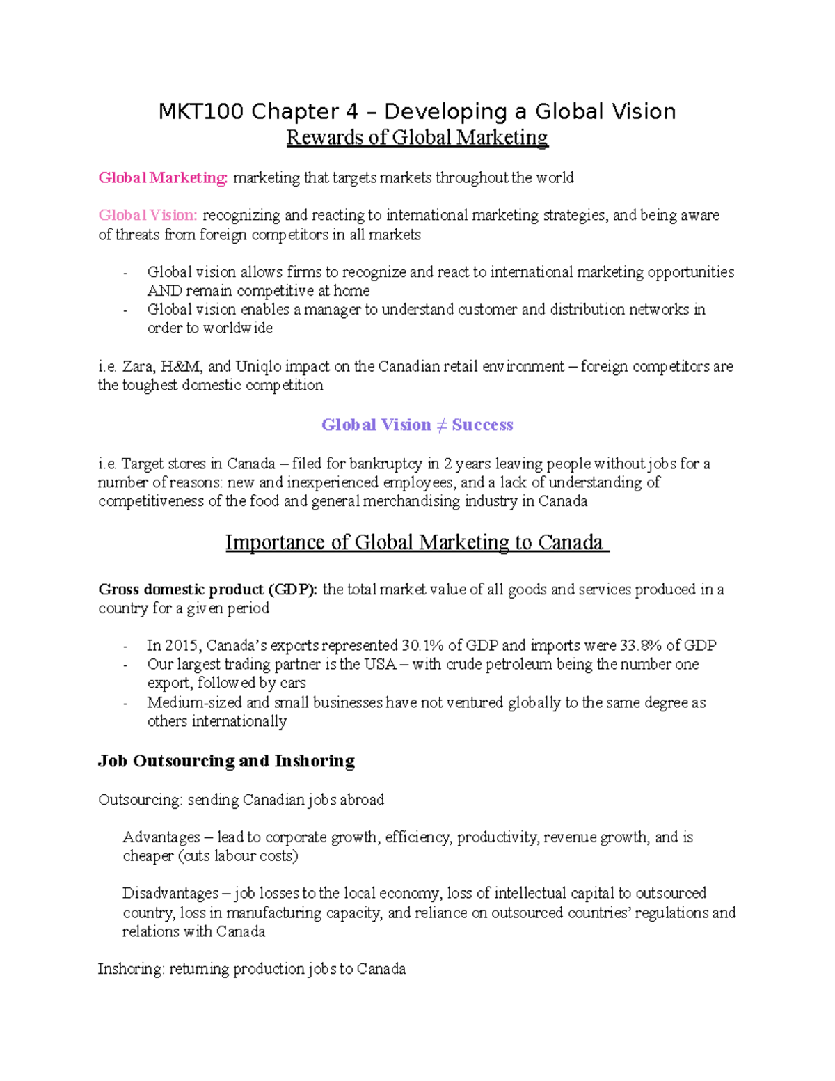 MKT100 CHAP - Lecture notes 1 - MKT100 Chapter 4 – Developing a Global ...